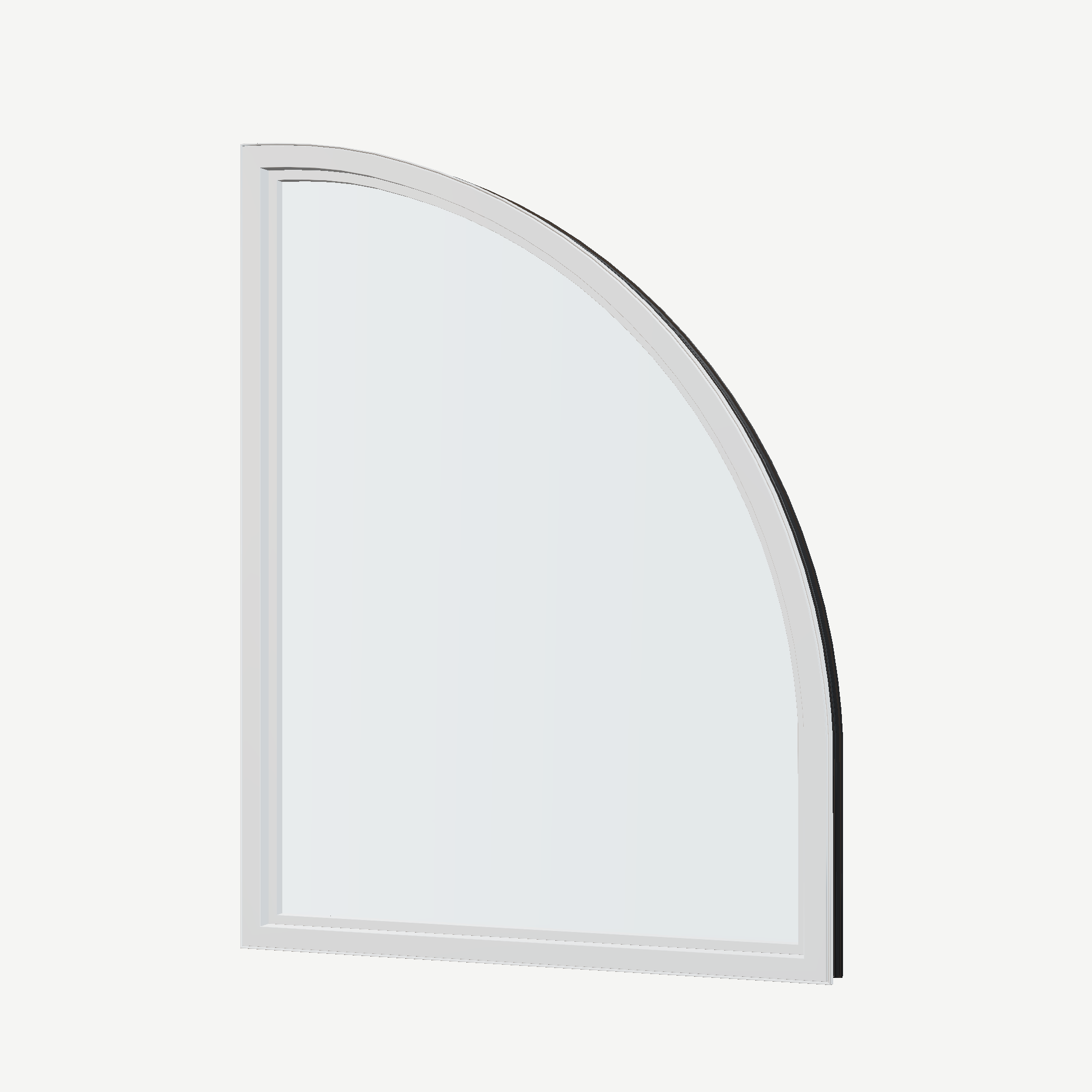 Angled interior view of the 36 × 48 inch raised quarter round (left), black exterior / white interior, without nailing flange