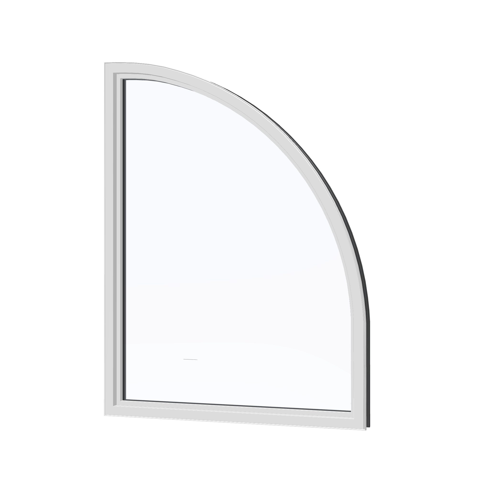 Angled interior view of the 36 × 48 inch raised quarter round (left), black exterior / white interior, without nailing flange
