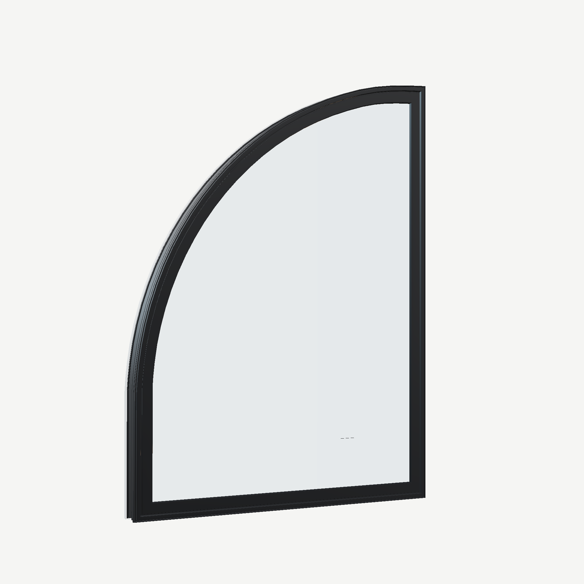 Opposite exterior angle of the 36 × 48 inch raised quarter round (left), black exterior / white interior, without nailing flange