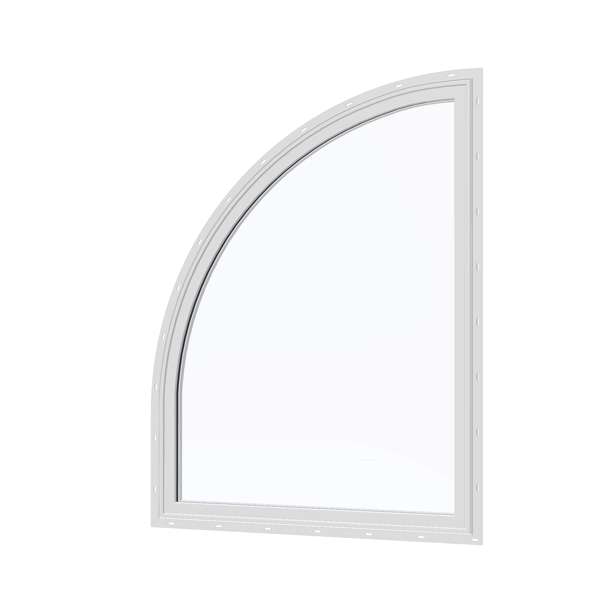 Angled exterior view of the 36 × 48 inch raised quarter round (left), white exterior / white interior, with nailing flange