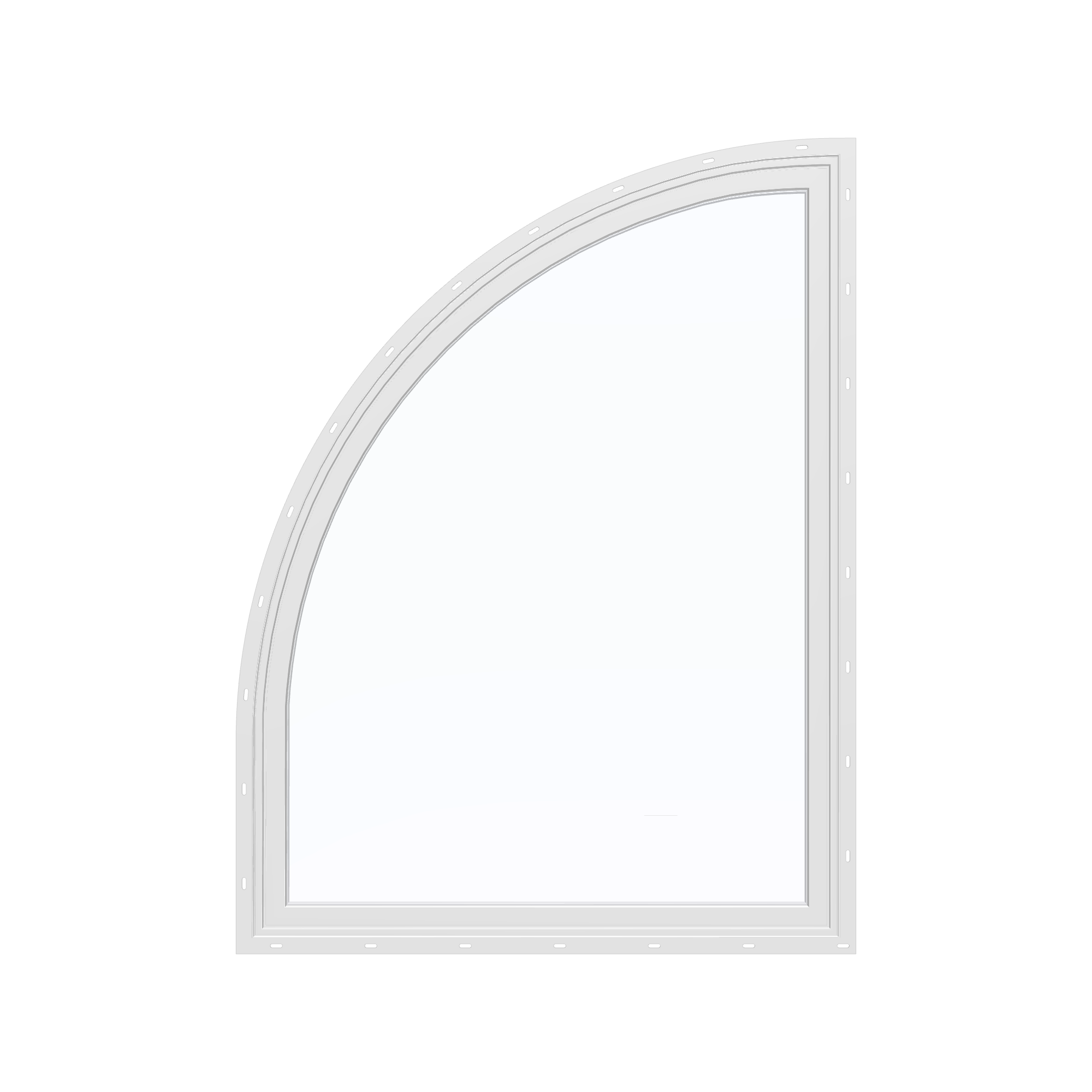 Straight exterior view of the 36 × 48 inch raised quarter round (left), white exterior / white interior, with nailing flange