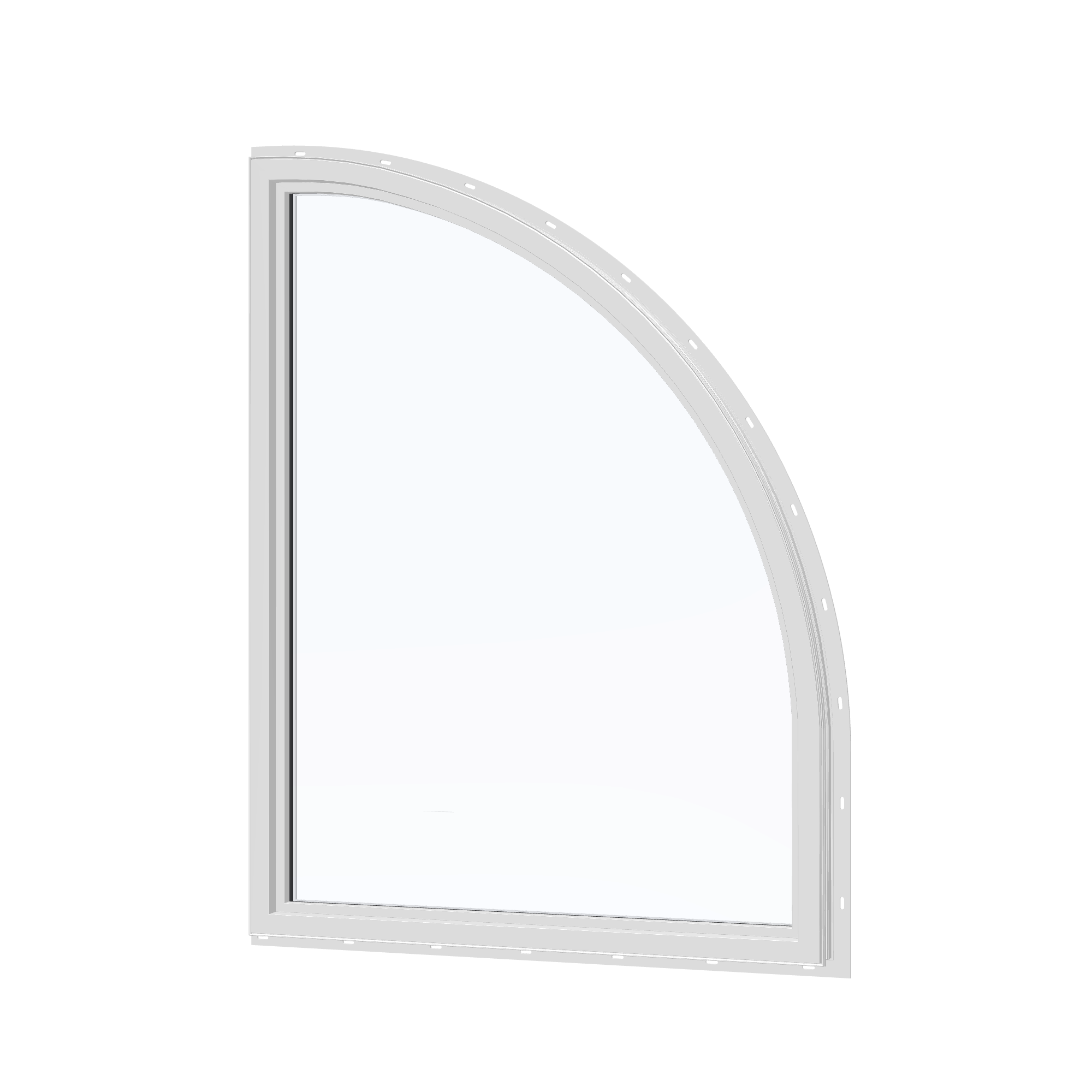 Angled interior view of the 36 × 48 inch raised quarter round (left), white exterior / white interior, with nailing flange