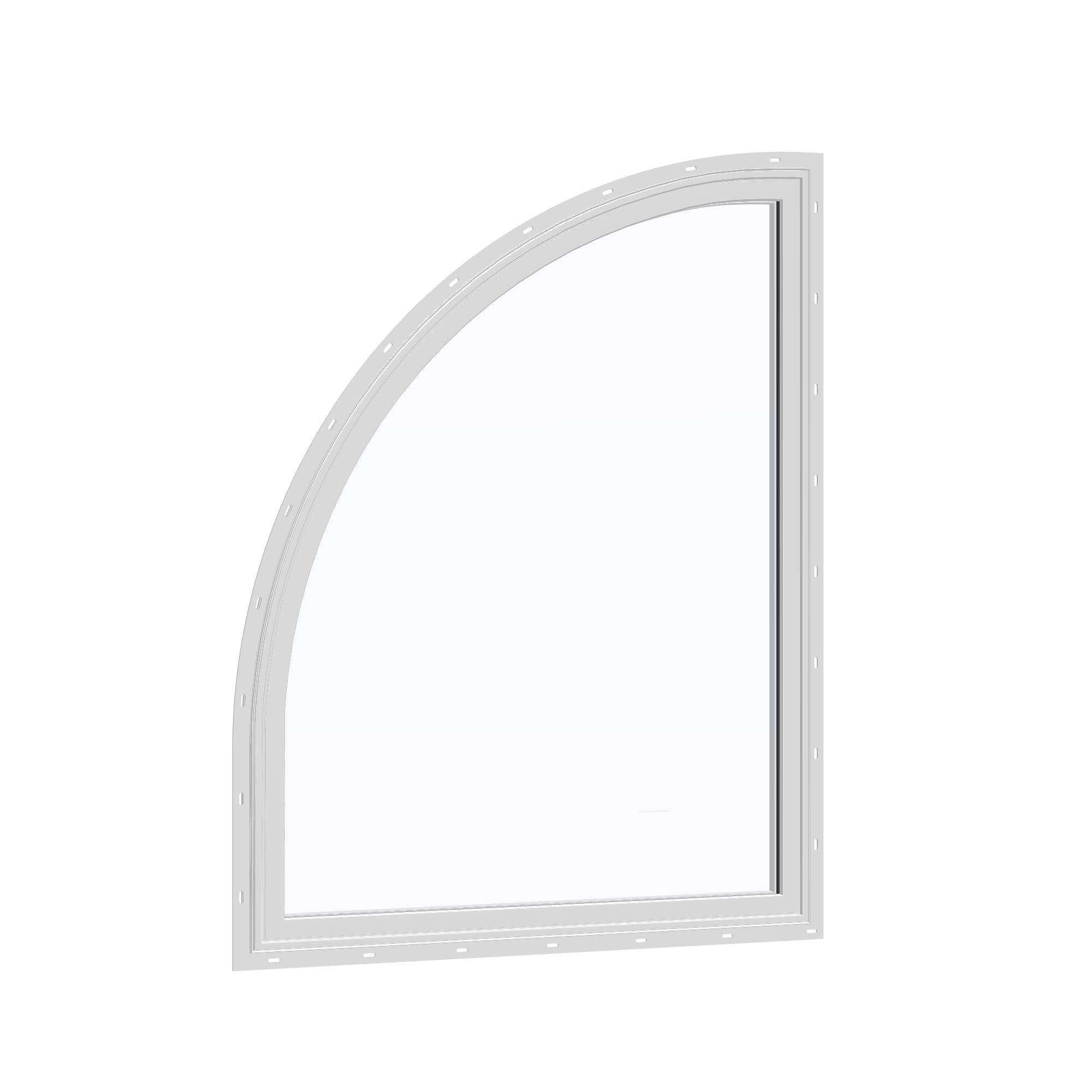 Opposite exterior angle of the 36 × 48 inch raised quarter round (left), white exterior / white interior, with nailing flange