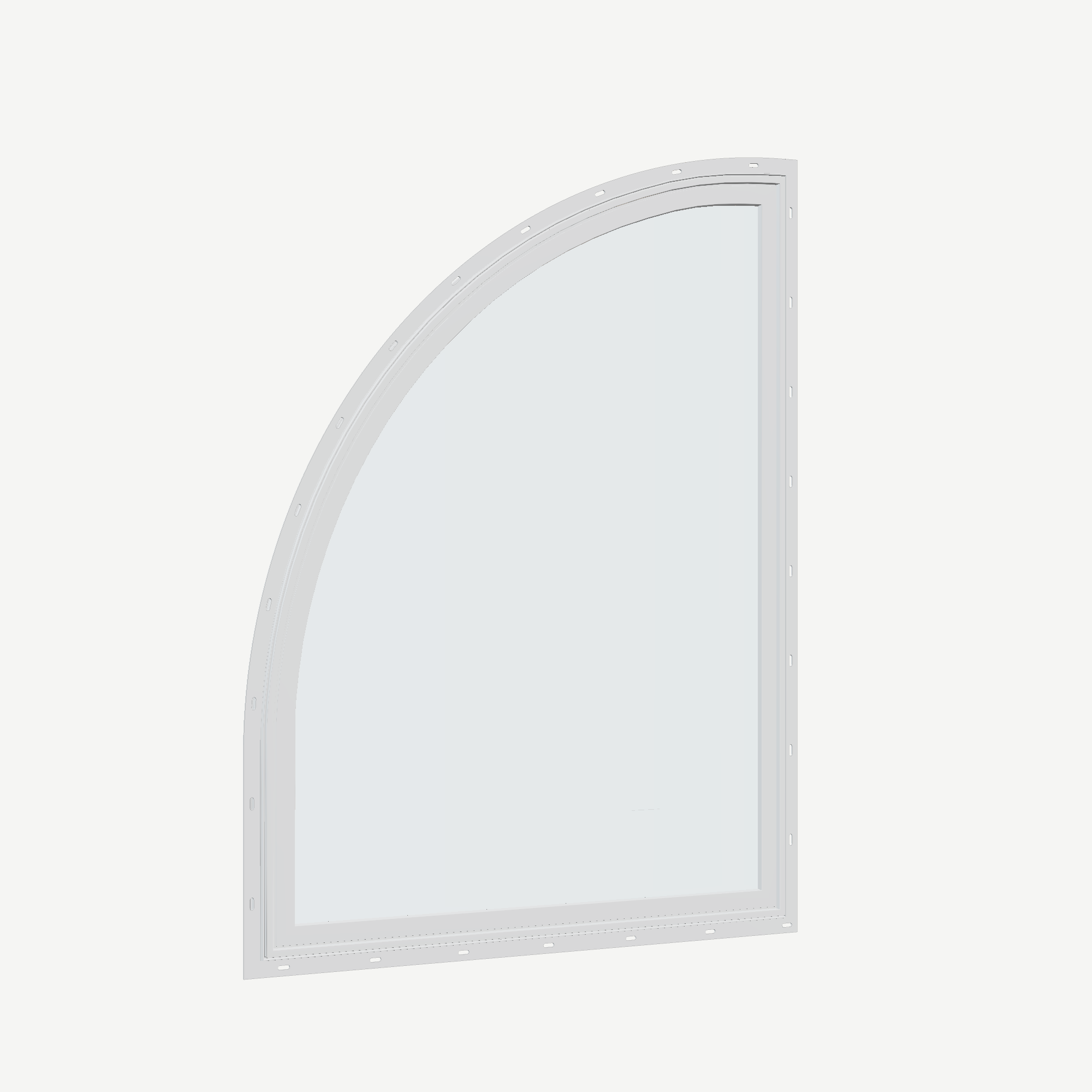 Opposite exterior angle of the 36 × 48 inch raised quarter round (left), white exterior / white interior, with nailing flange