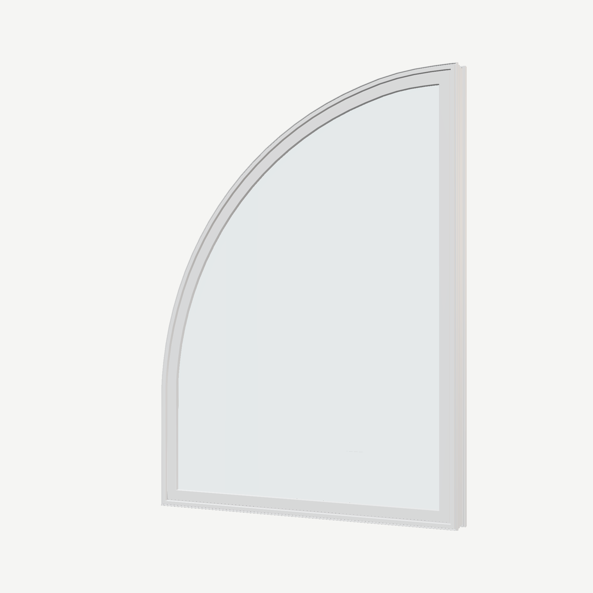 Angled exterior view of the 36 × 48 inch raised quarter round (left), white exterior / white interior, without nailing flange