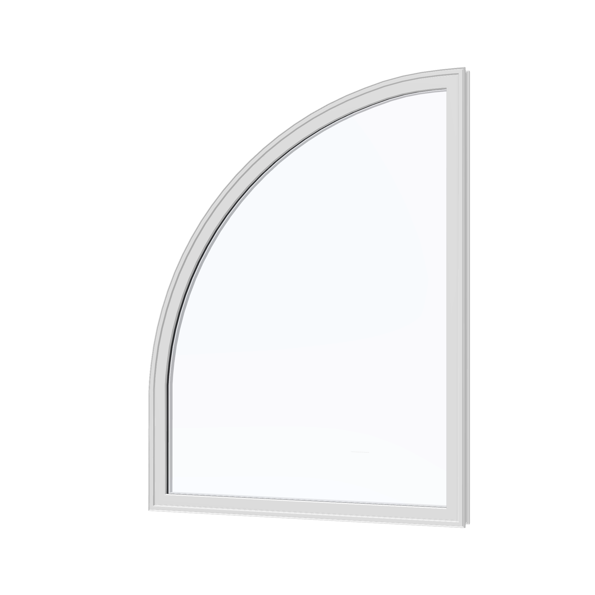 Angled exterior view of the 36 × 48 inch raised quarter round (left), white exterior / white interior, without nailing flange