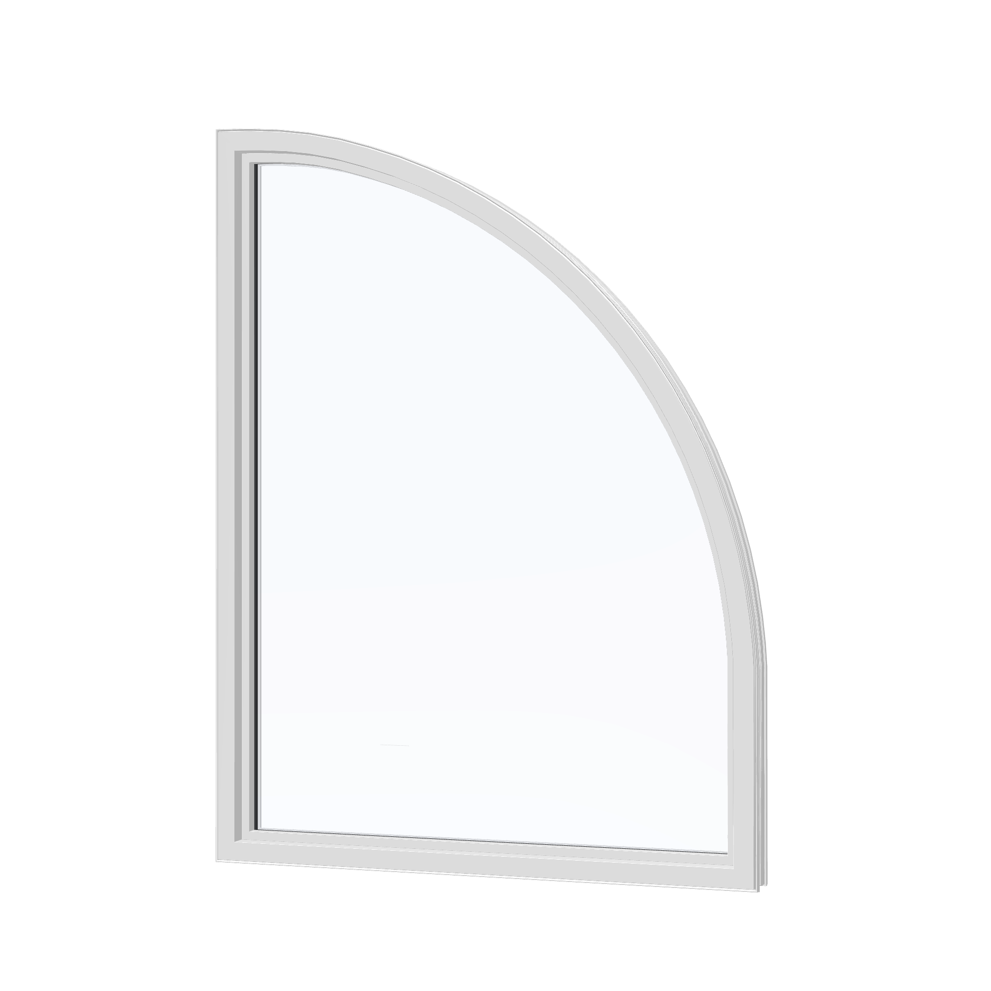 Angled interior view of the 36 × 48 inch raised quarter round (left), white exterior / white interior, without nailing flange