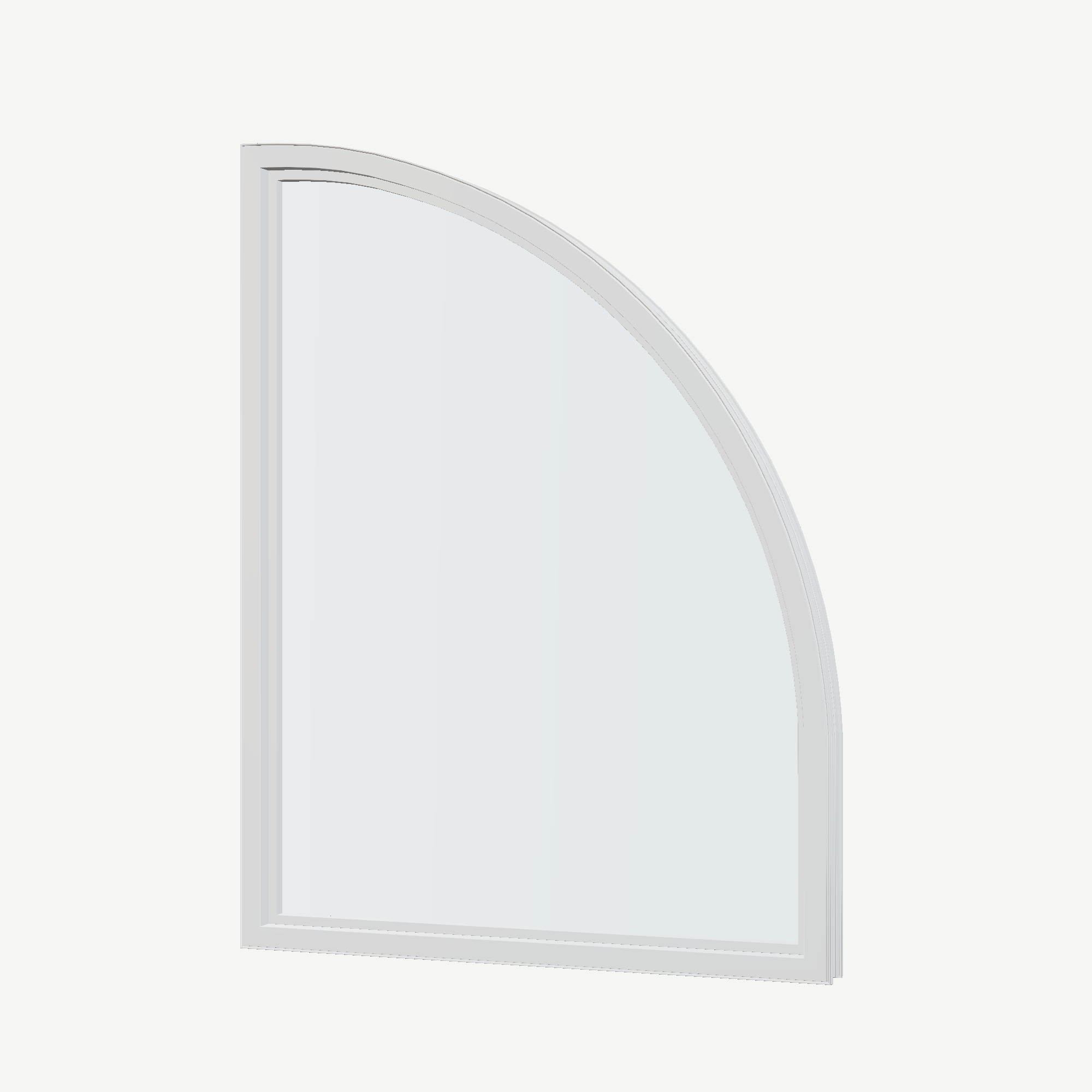 Angled interior view of the 36 × 48 inch raised quarter round (left), white exterior / white interior, without nailing flange