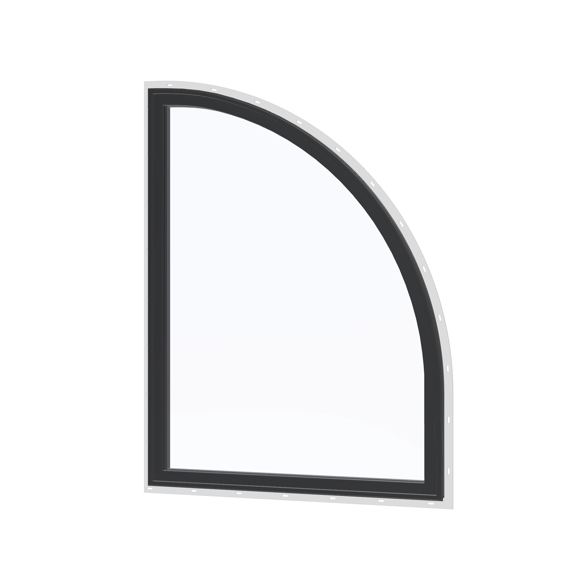 Angled exterior view of the 36 × 48 inch raised quarter round (right), black exterior / black interior, with nailing flange