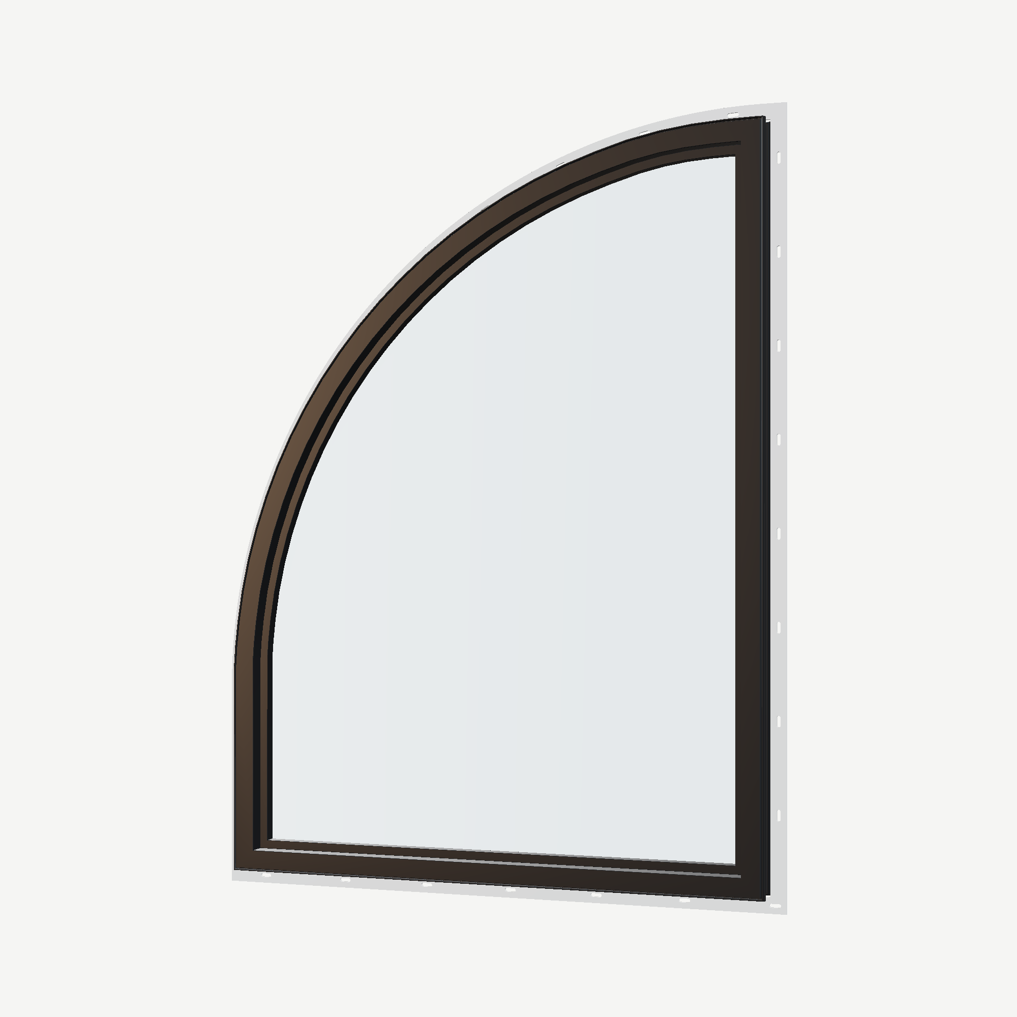 Angled interior view of the 36 × 48 inch raised quarter round (right), black exterior / black interior, with nailing flange