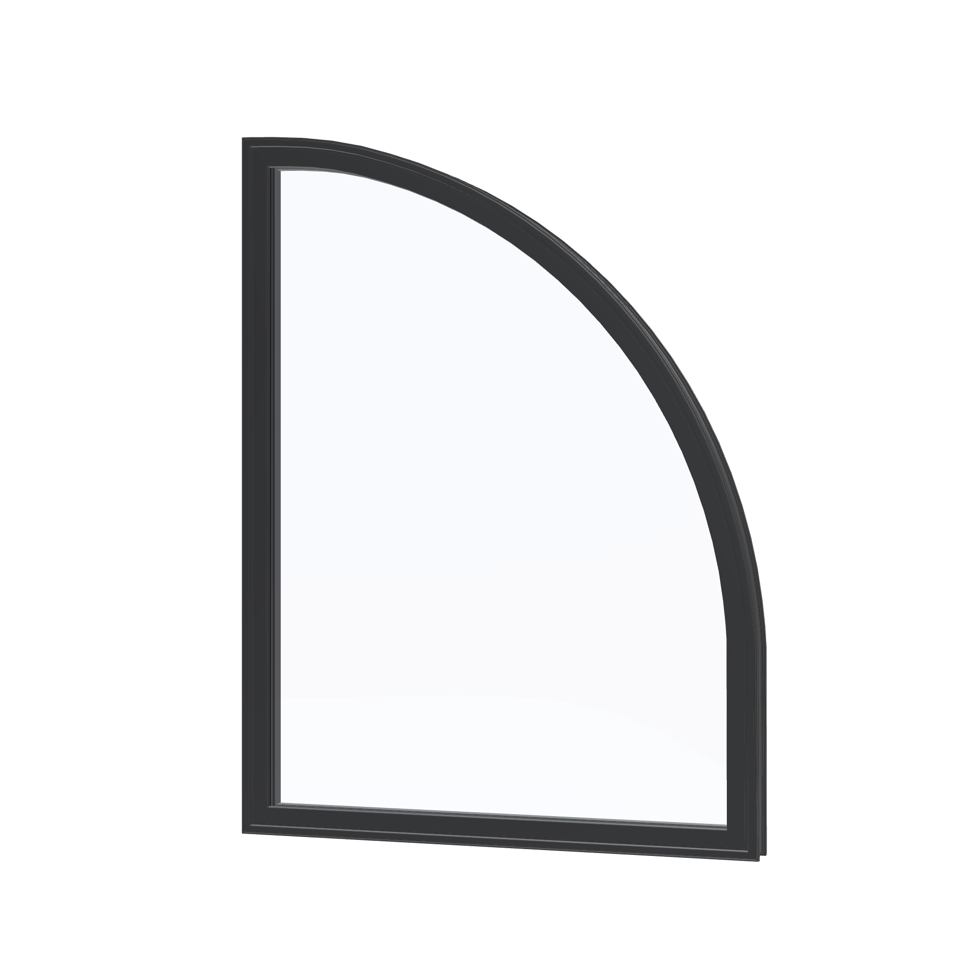 Angled exterior view of the 36 × 48 inch raised quarter round (right), black exterior / black interior, without nailing flange