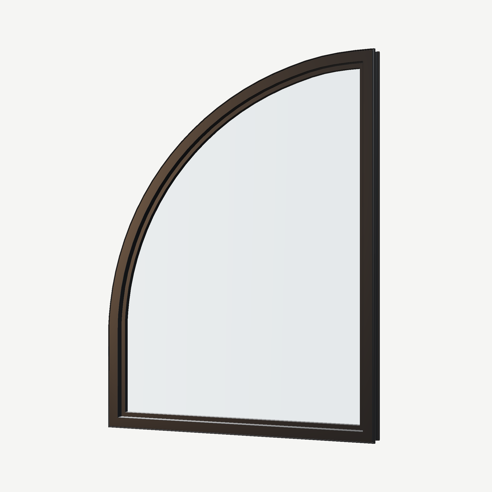 Angled interior view of the 36 × 48 inch raised quarter round (right), black exterior / black interior, without nailing flange
