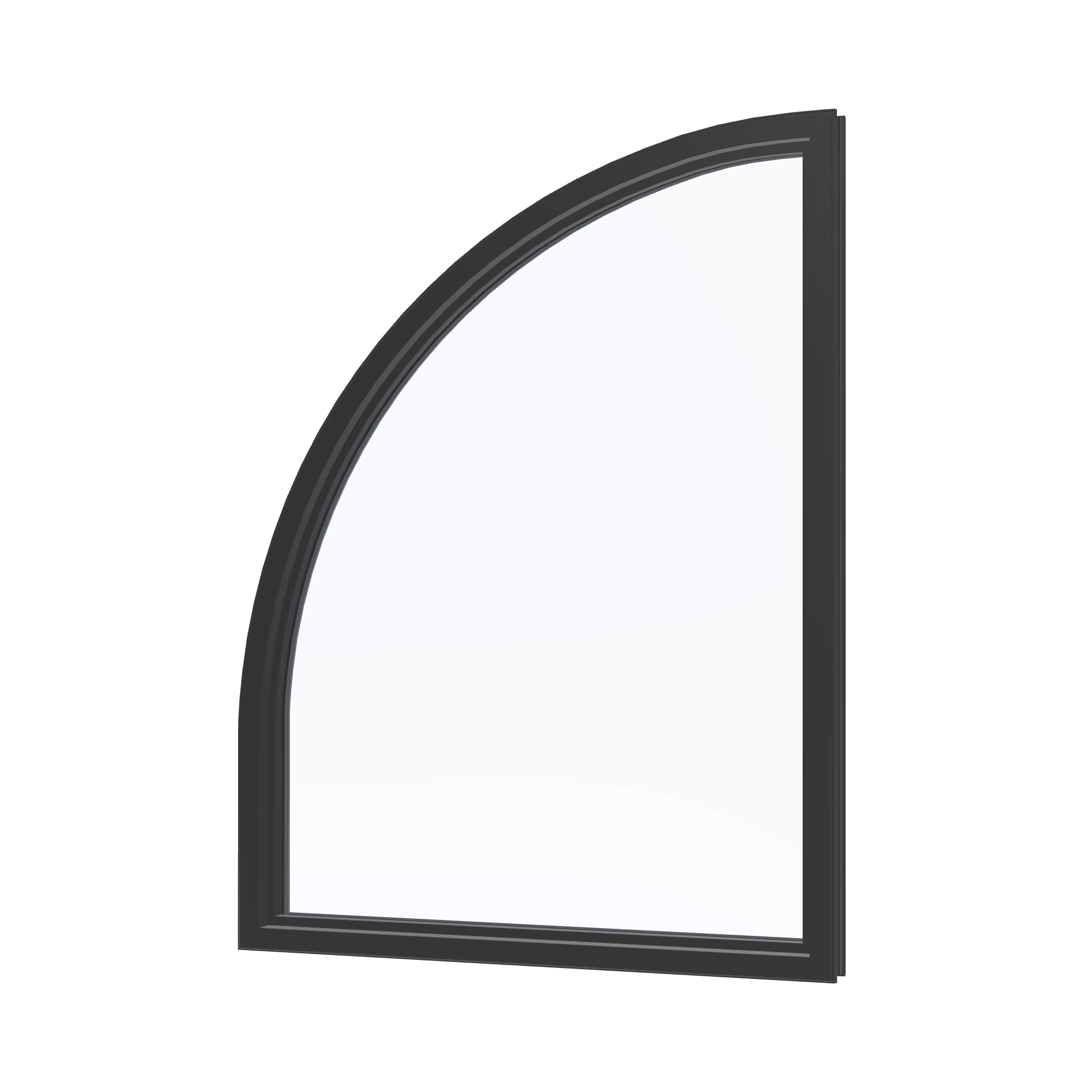 Angled interior view of the 36 × 48 inch raised quarter round (right), black exterior / black interior, without nailing flange
