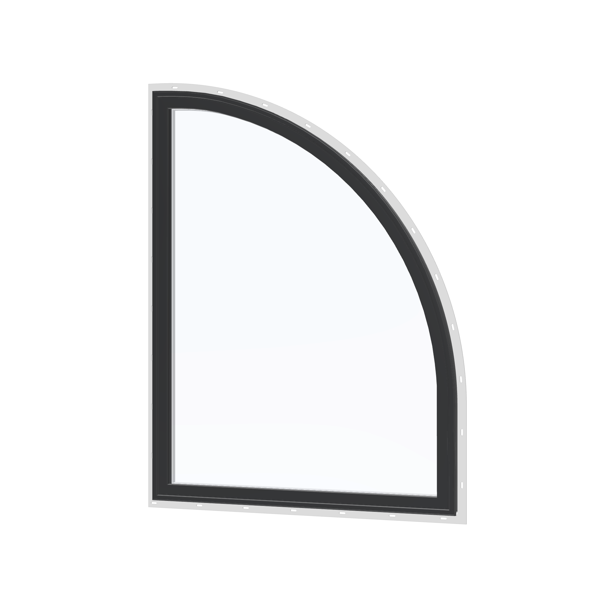 Angled exterior view of the 36 × 48 inch raised quarter round (right), black exterior / white interior, with nailing flange