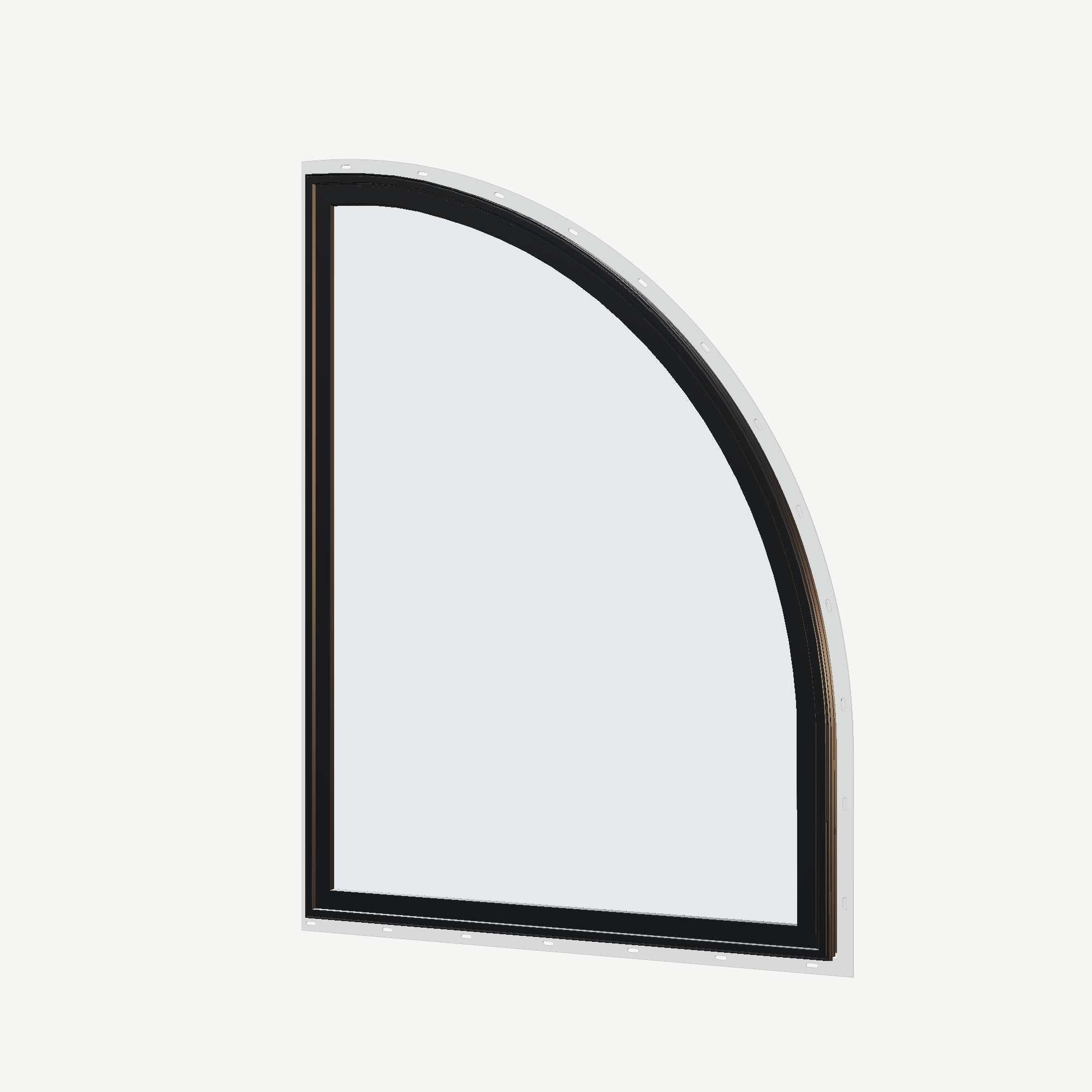 Angled exterior view of the 36 × 48 inch raised quarter round (right), black exterior / white interior, with nailing flange