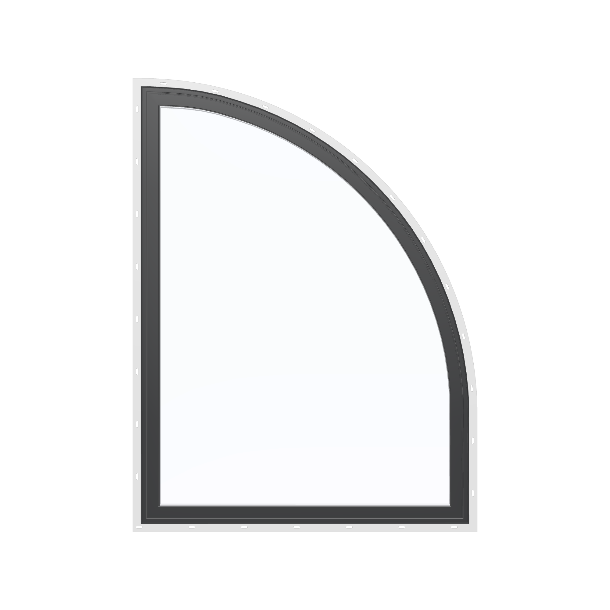 Straight exterior view of the 36 × 48 inch raised quarter round (right), black exterior / white interior, with nailing flange