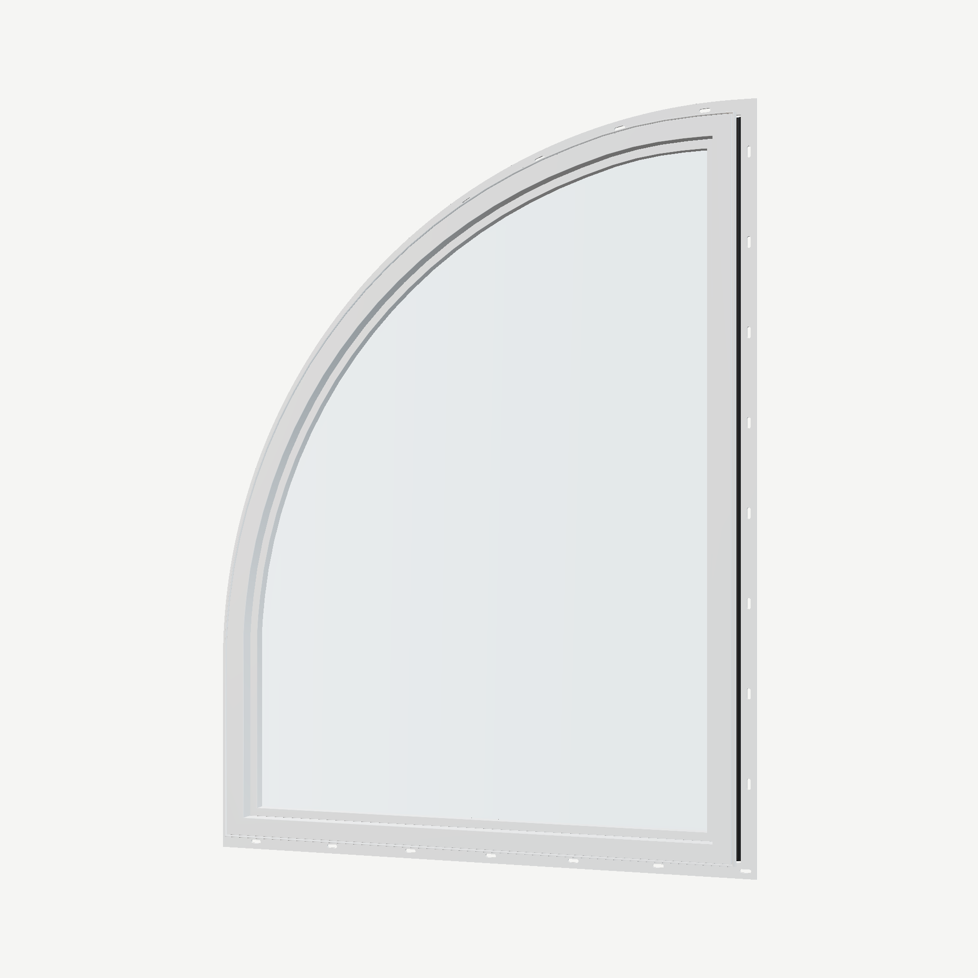 Angled interior view of the 36 × 48 inch raised quarter round (right), black exterior / white interior, with nailing flange