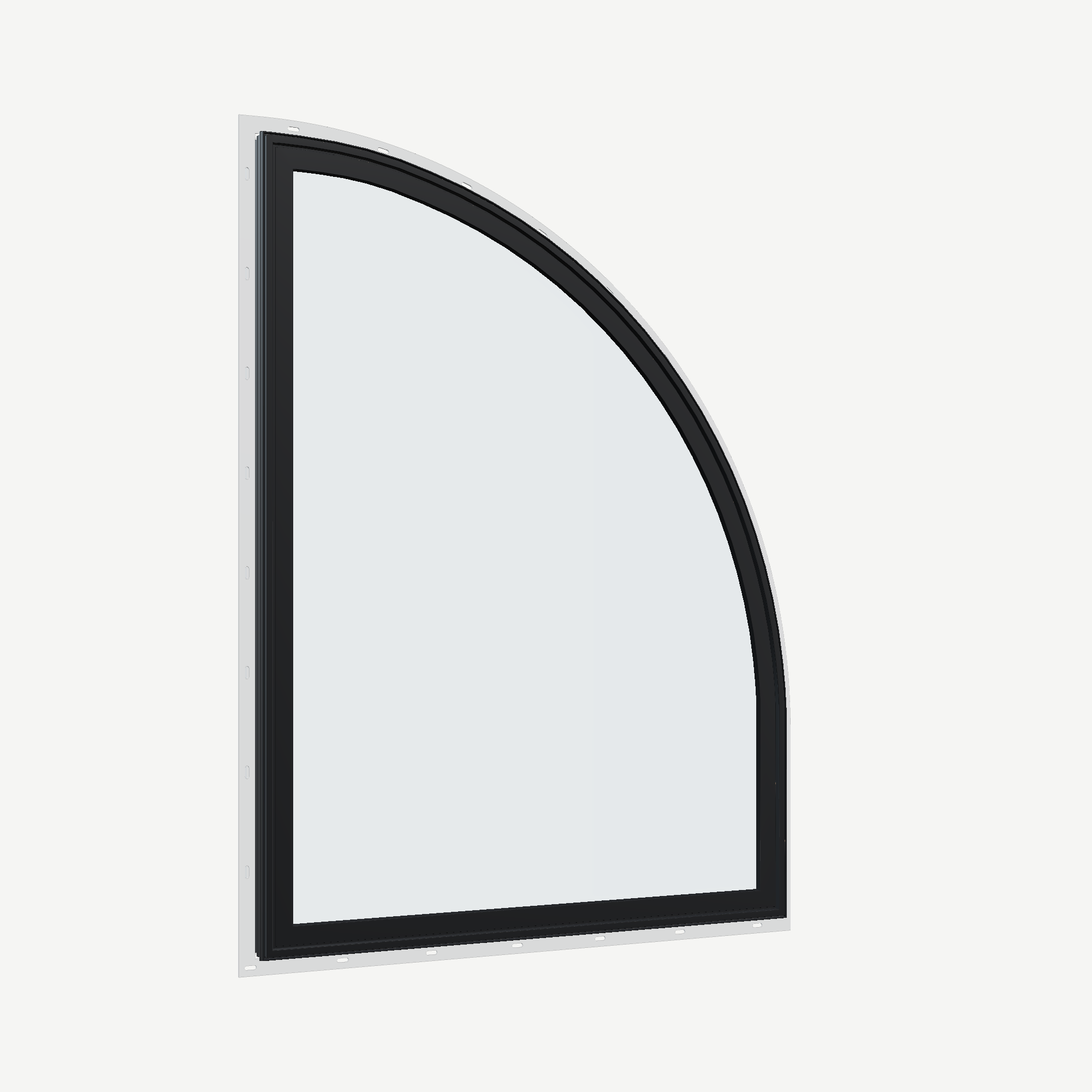Opposite exterior angle of the 36 × 48 inch raised quarter round (right), black exterior / white interior, with nailing flange