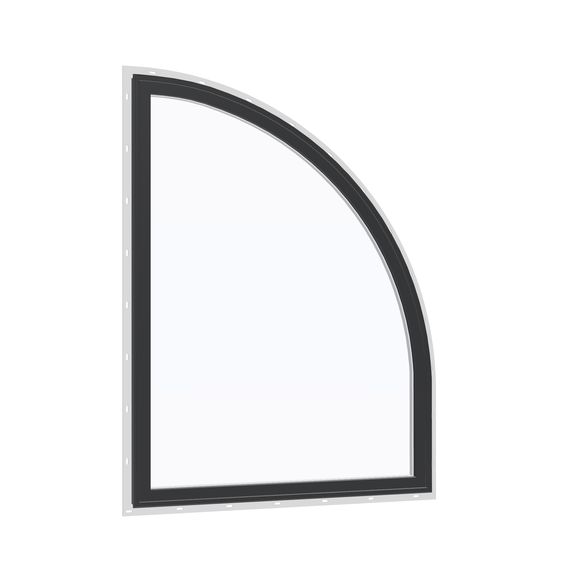 Opposite exterior angle of the 36 × 48 inch raised quarter round (right), black exterior / white interior, with nailing flange