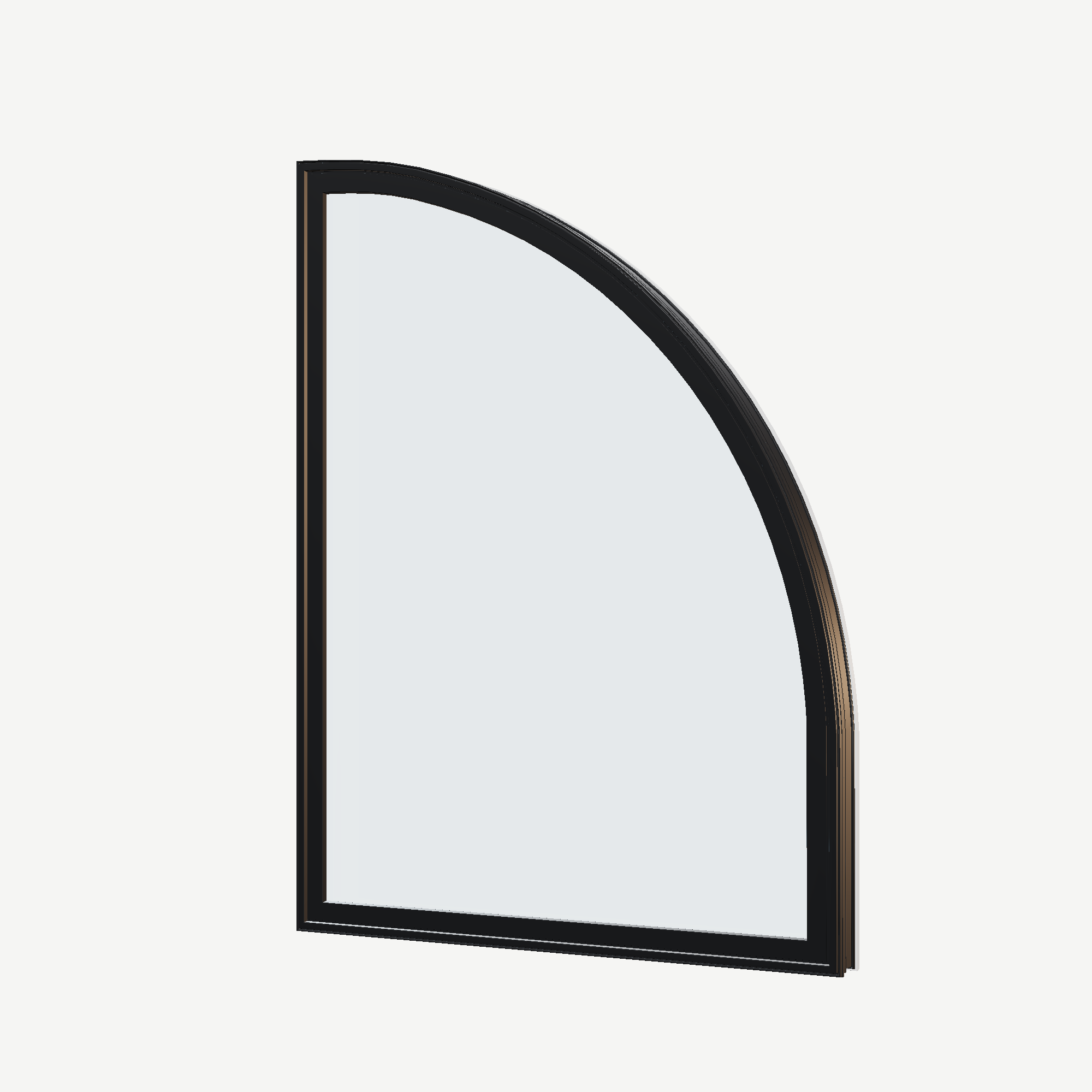 Angled exterior view of the 36 × 48 inch raised quarter round (right), black exterior / white interior, without nailing flange