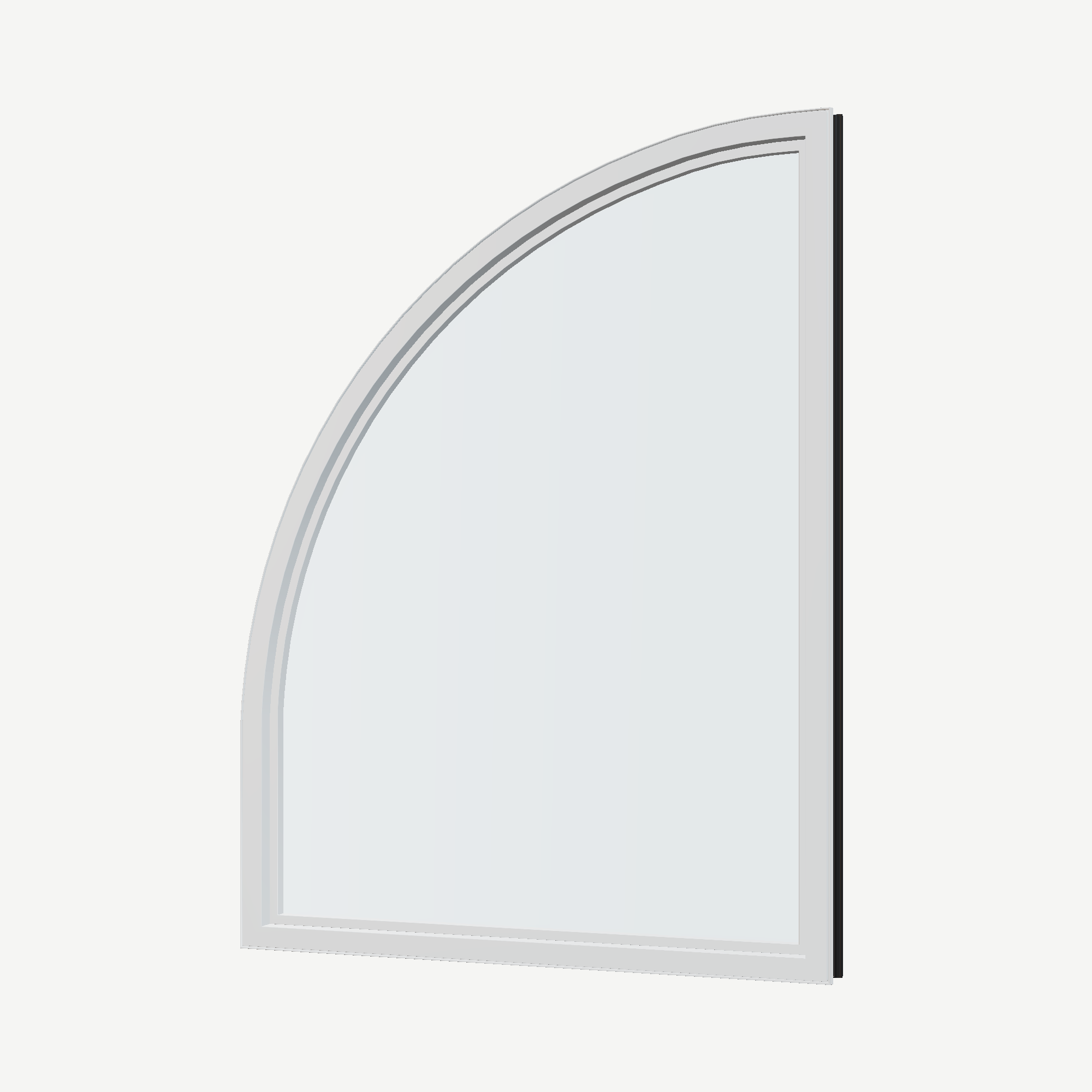 Angled interior view of the 36 × 48 inch raised quarter round (right), black exterior / white interior, without nailing flange