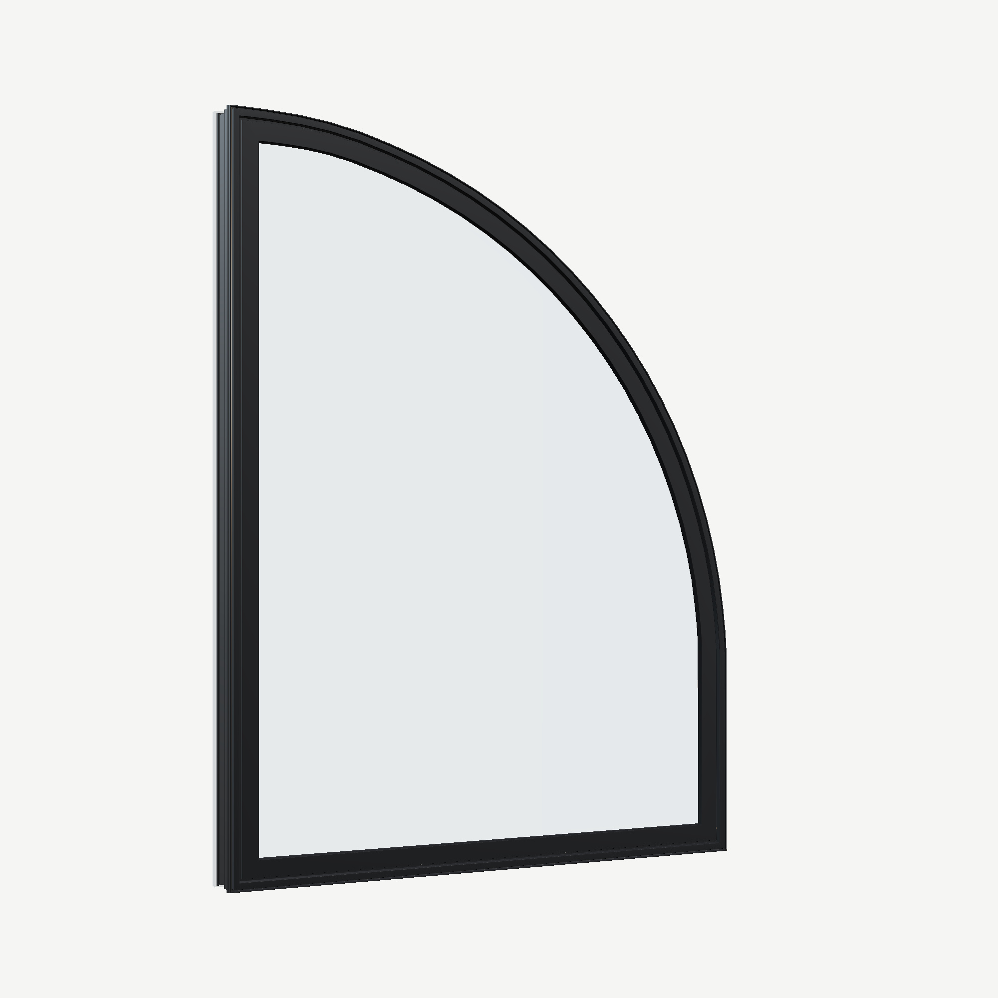 Opposite exterior angle of the 36 × 48 inch raised quarter round (right), black exterior / white interior, without nailing flange