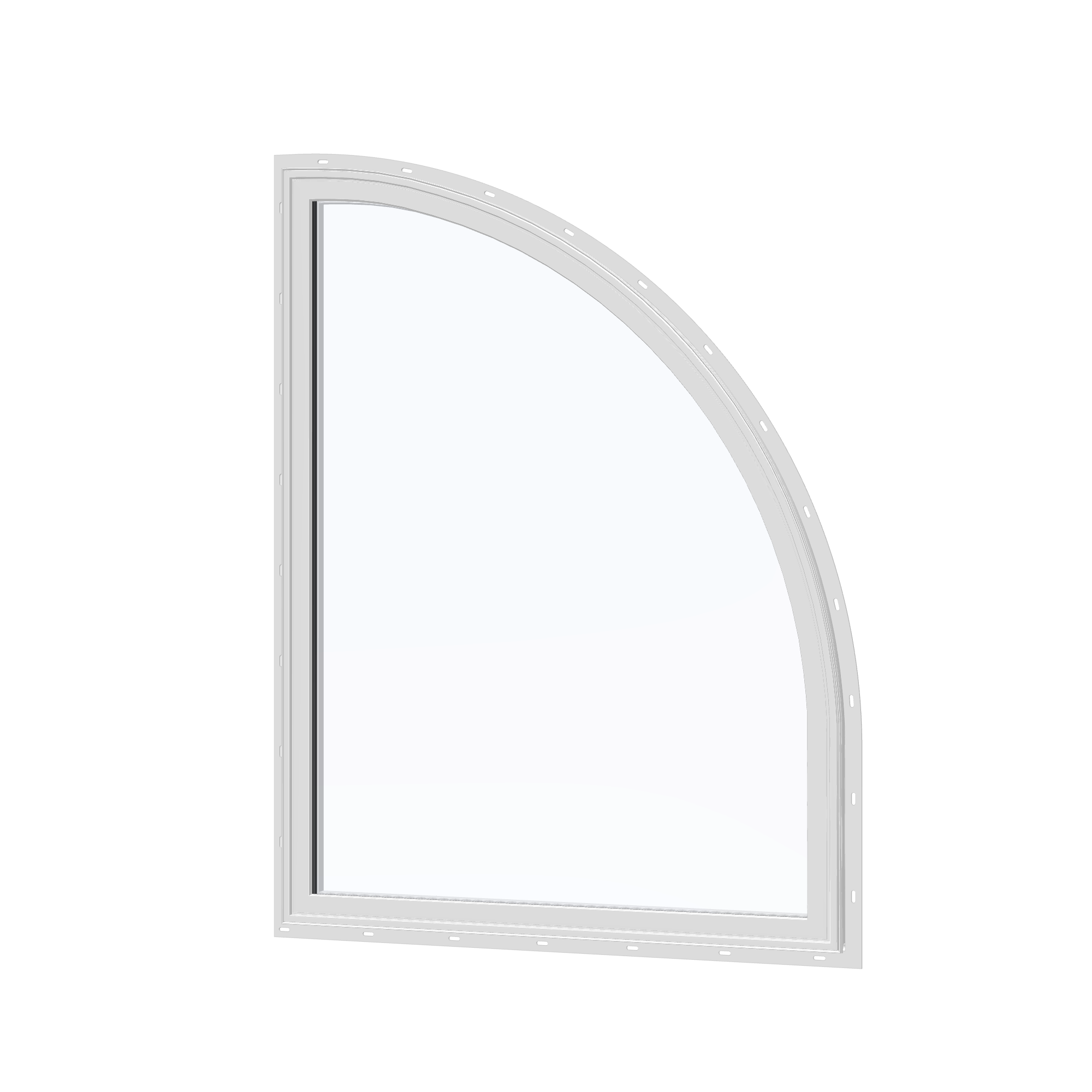 Angled exterior view of the 36 × 48 inch raised quarter round (right), white exterior / white interior, with nailing flange