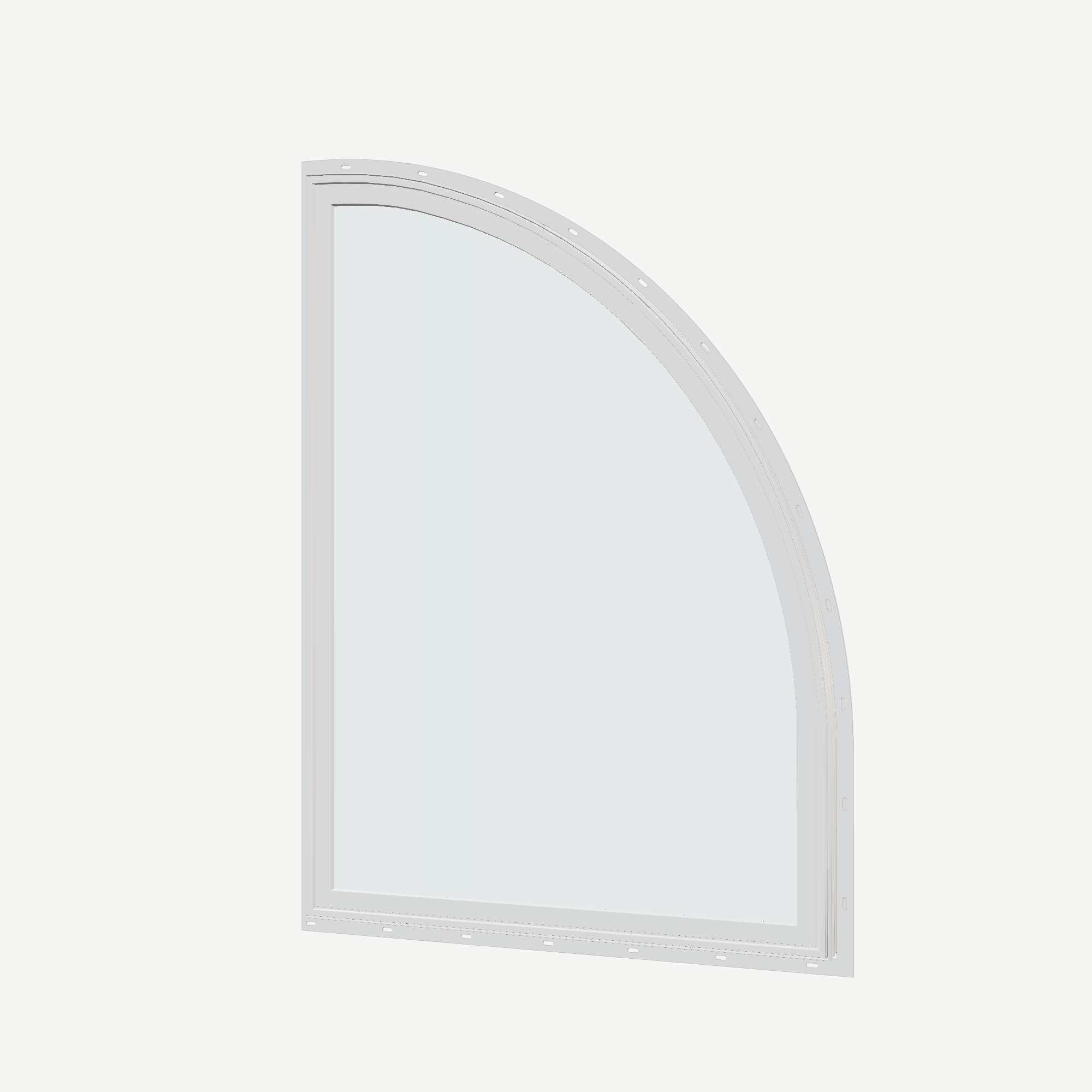 Angled exterior view of the 36 × 48 inch raised quarter round (right), white exterior / white interior, with nailing flange