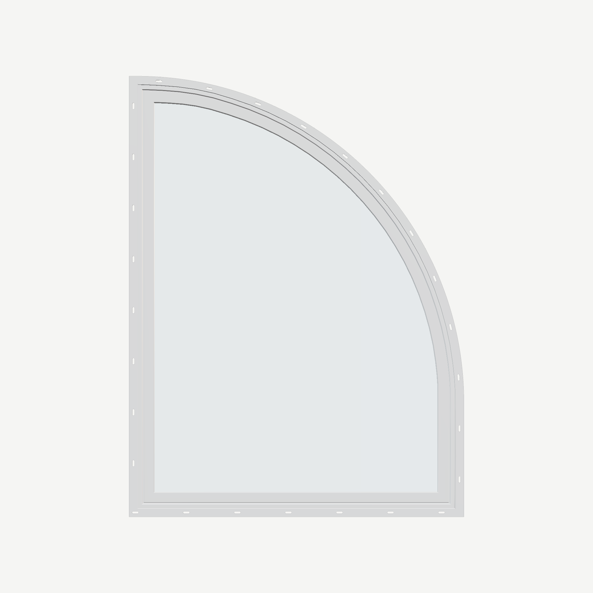 Straight exterior view of the 36 × 48 inch raised quarter round (right), white exterior / white interior, with nailing flange