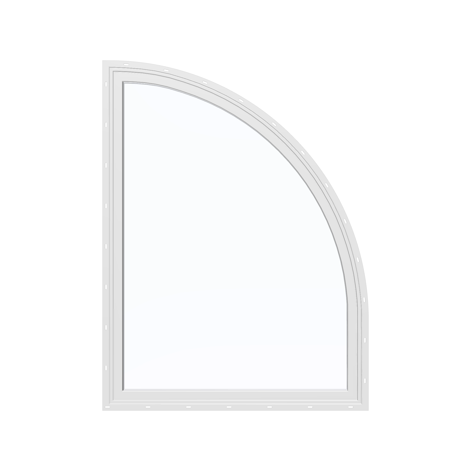 Straight exterior view of the 36 × 48 inch raised quarter round (right), white exterior / white interior, with nailing flange