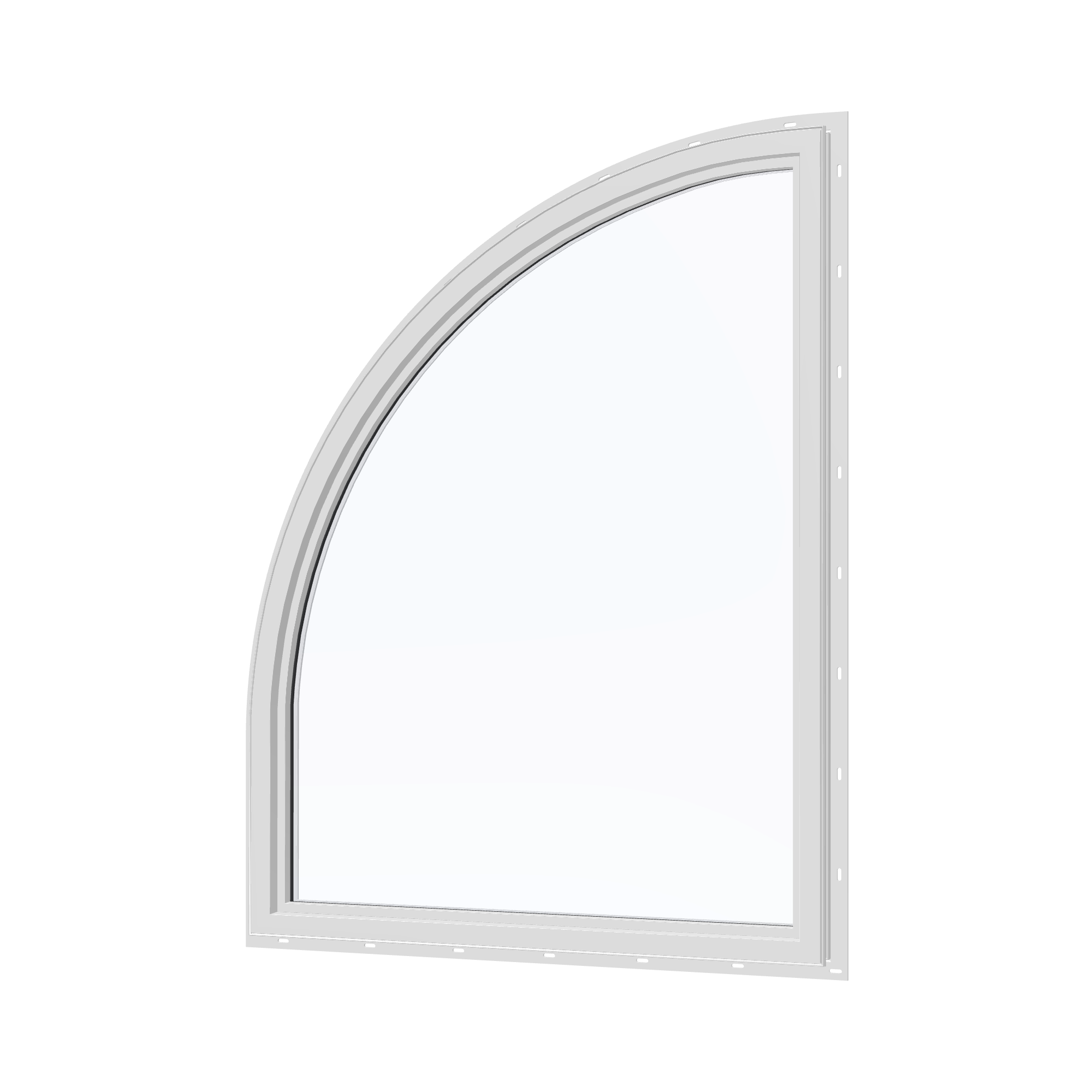 Angled interior view of the 36 × 48 inch raised quarter round (right), white exterior / white interior, with nailing flange