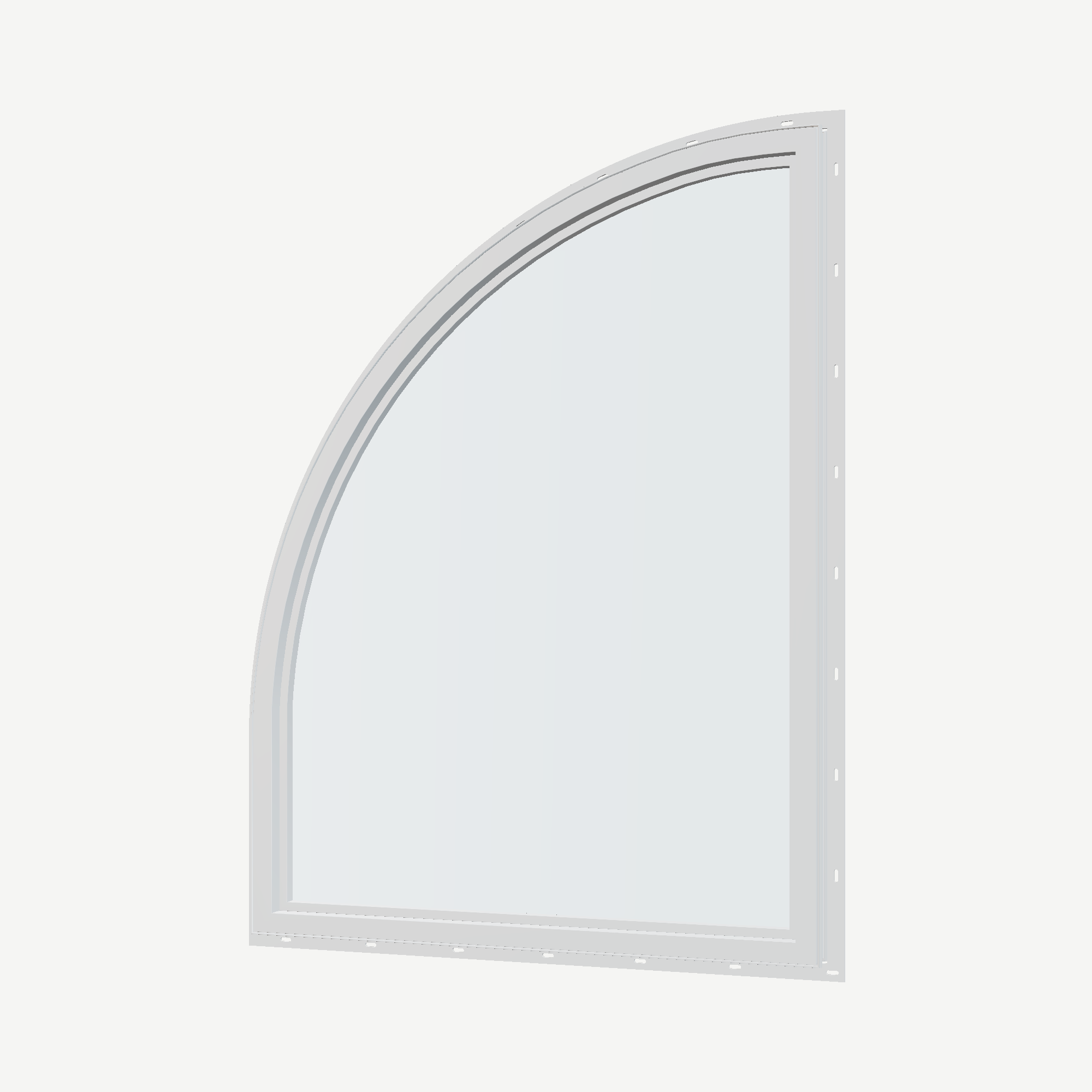 Angled interior view of the 36 × 48 inch raised quarter round (right), white exterior / white interior, with nailing flange