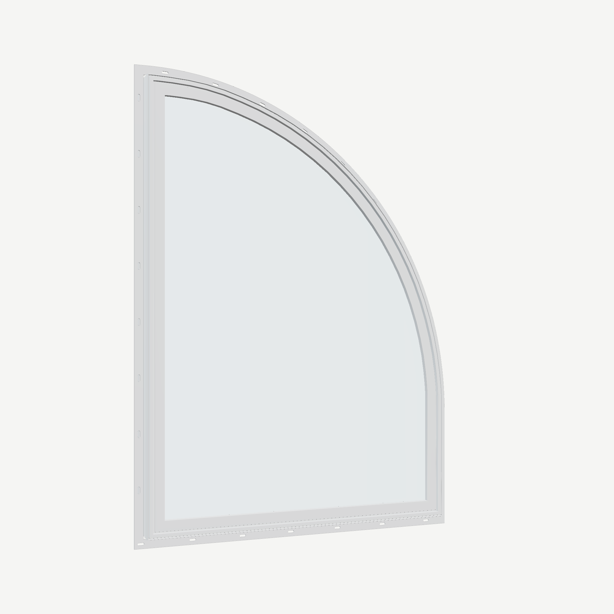 Opposite exterior angle of the 36 × 48 inch raised quarter round (right), white exterior / white interior, with nailing flange