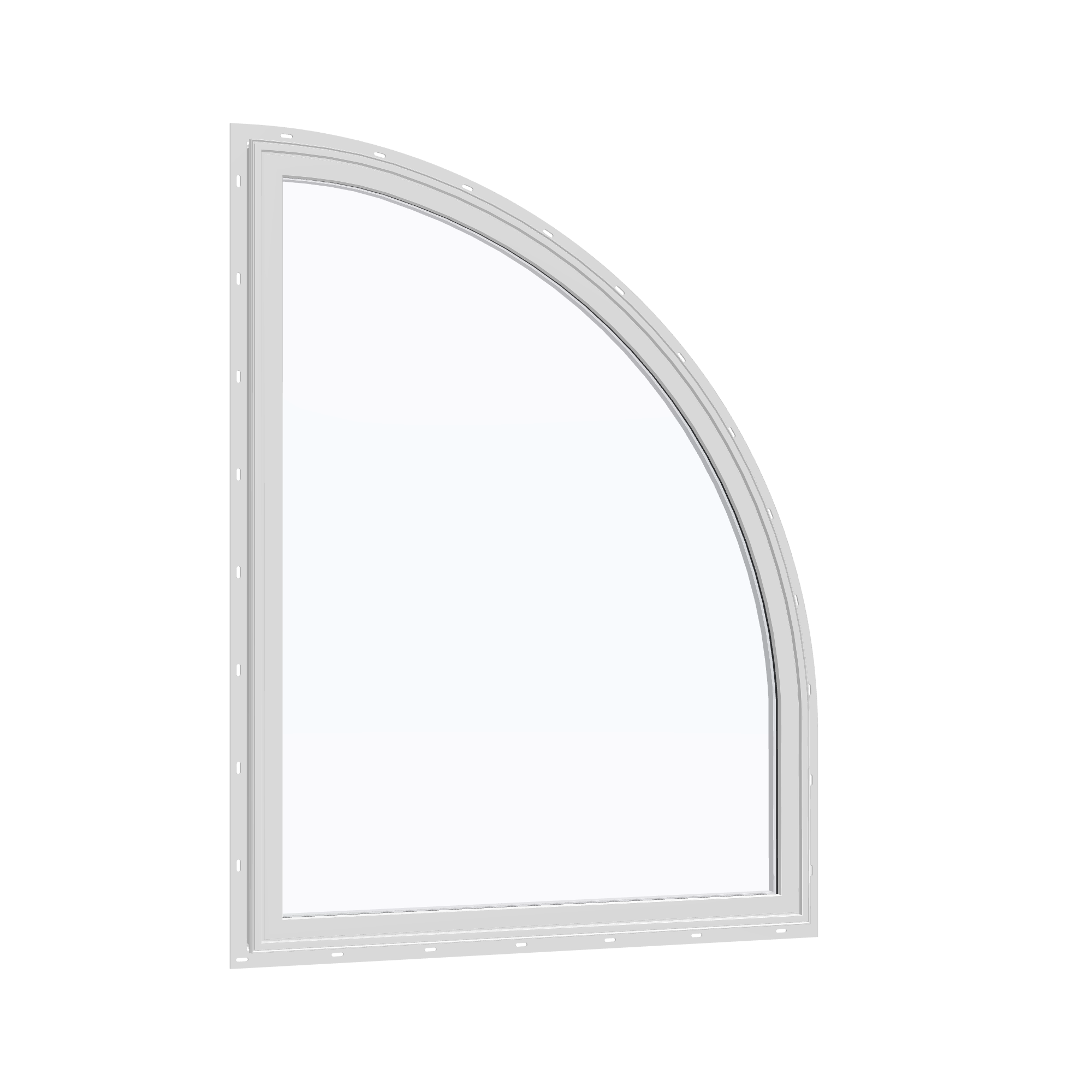 Opposite exterior angle of the 36 × 48 inch raised quarter round (right), white exterior / white interior, with nailing flange