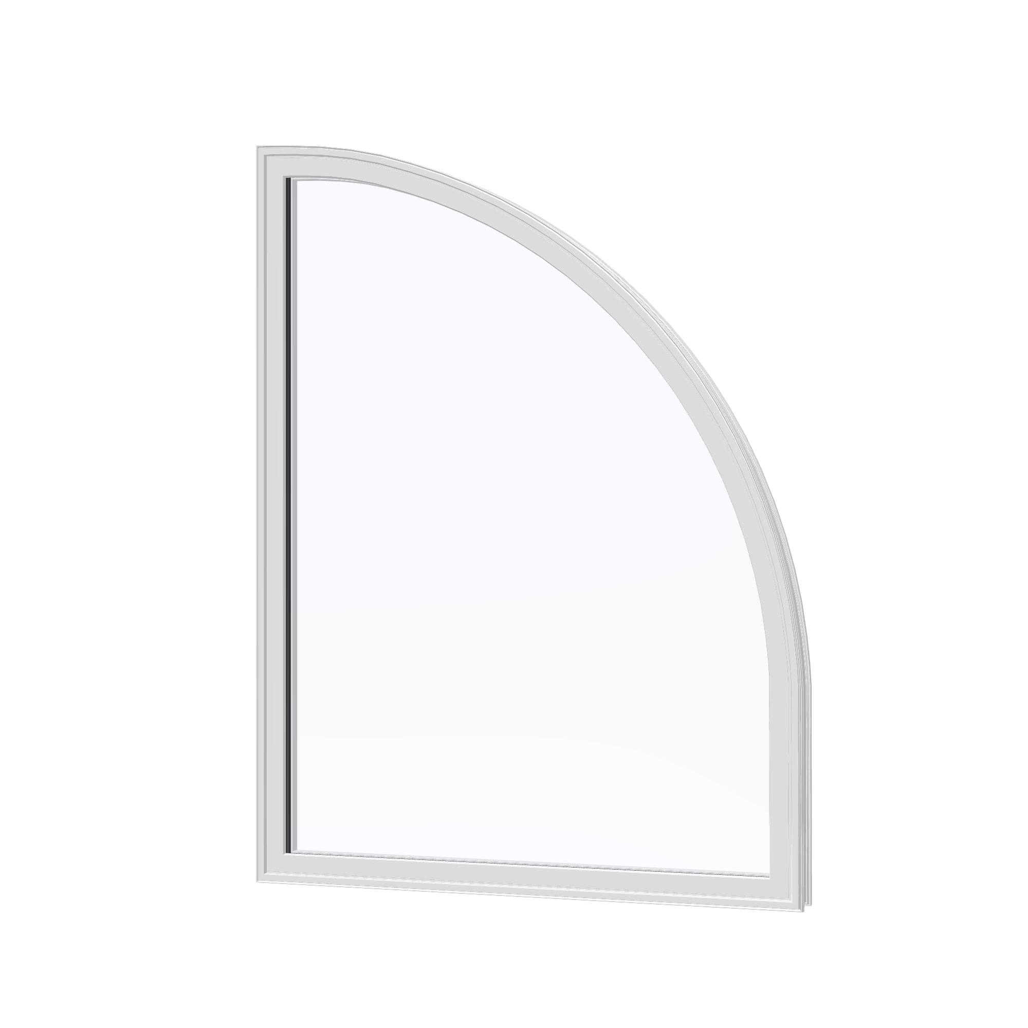 Angled exterior view of the 36 × 48 inch raised quarter round (right), white exterior / white interior, without nailing flange