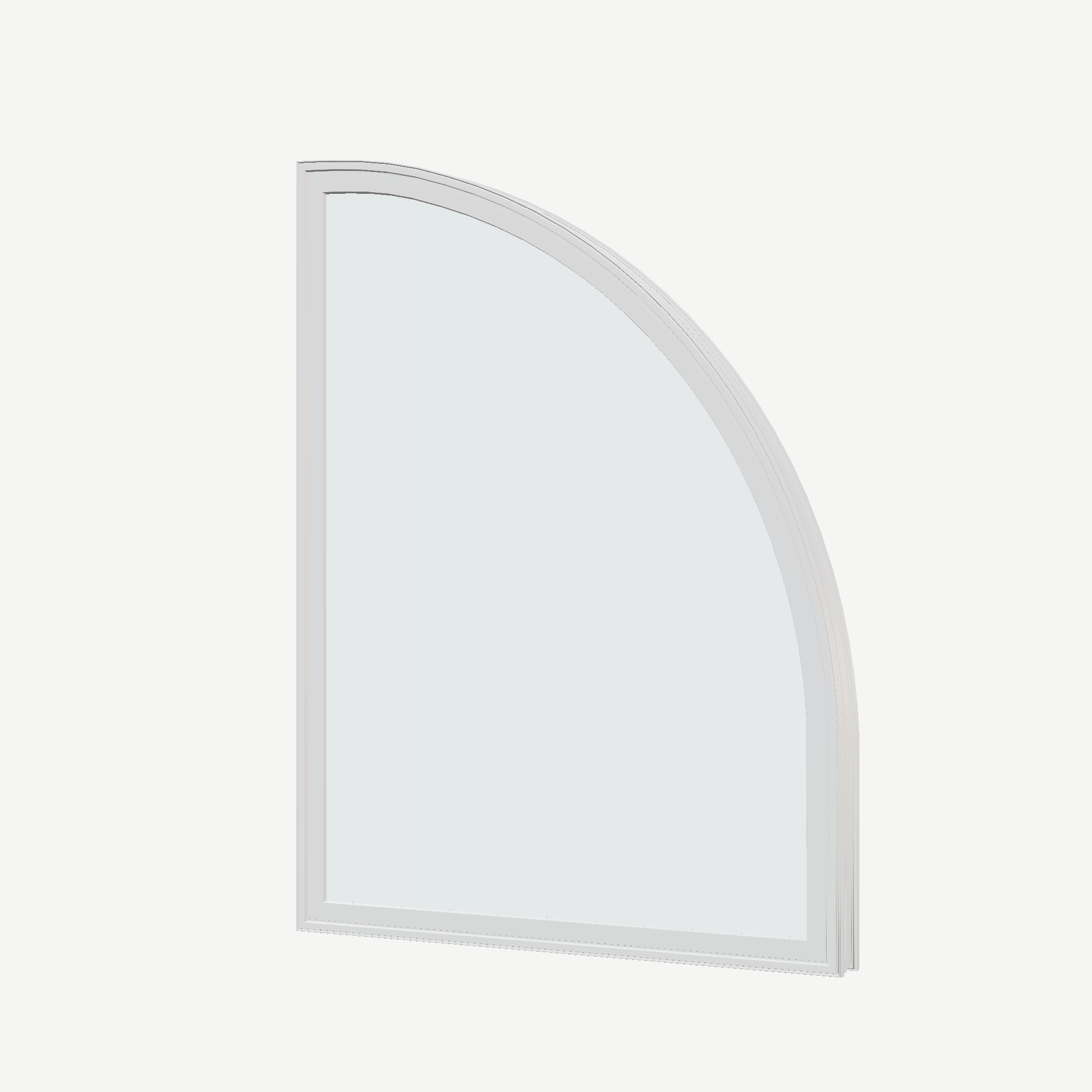 Angled exterior view of the 36 × 48 inch raised quarter round (right), white exterior / white interior, without nailing flange
