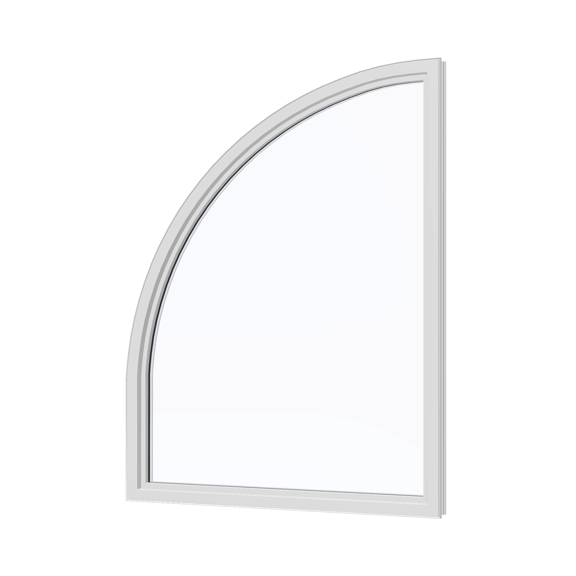 Angled interior view of the 36 × 48 inch raised quarter round (right), white exterior / white interior, without nailing flange