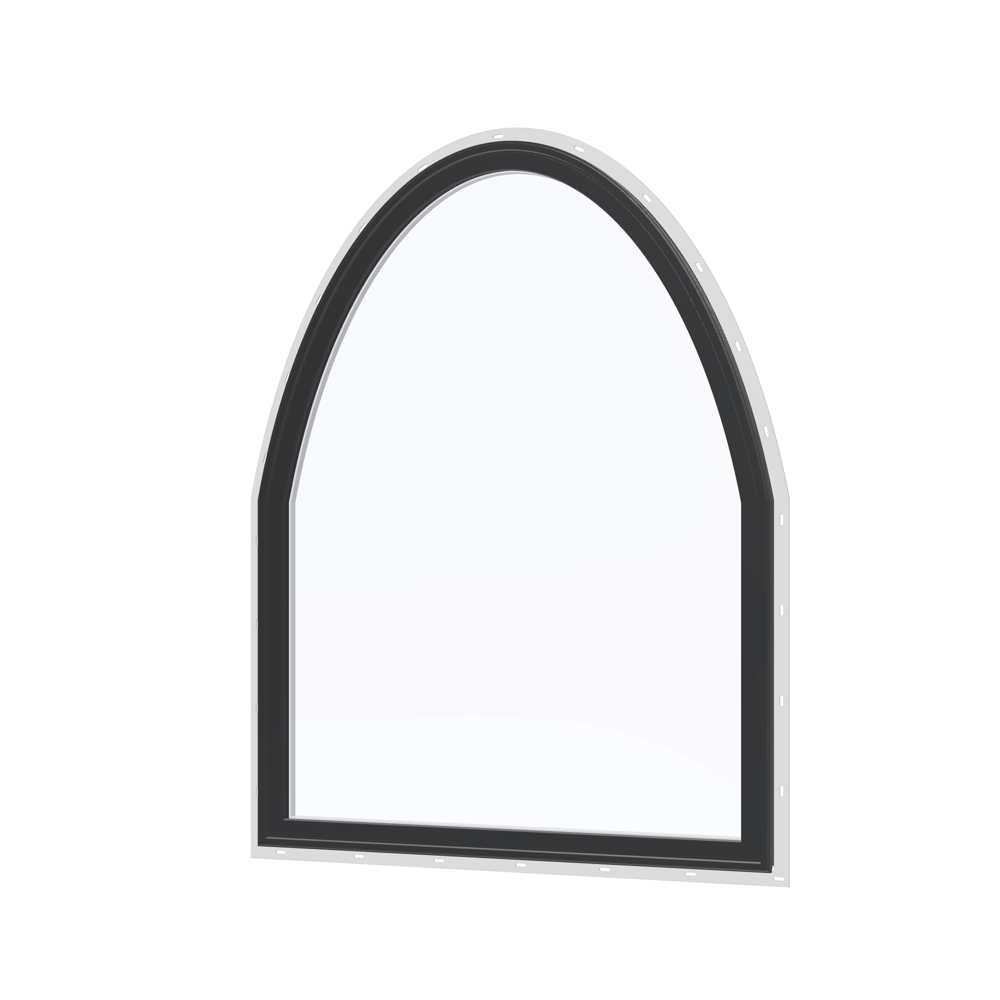 Angled exterior view of the 36 × 48 inch raised segment, black exterior / white interior, with nailing flange