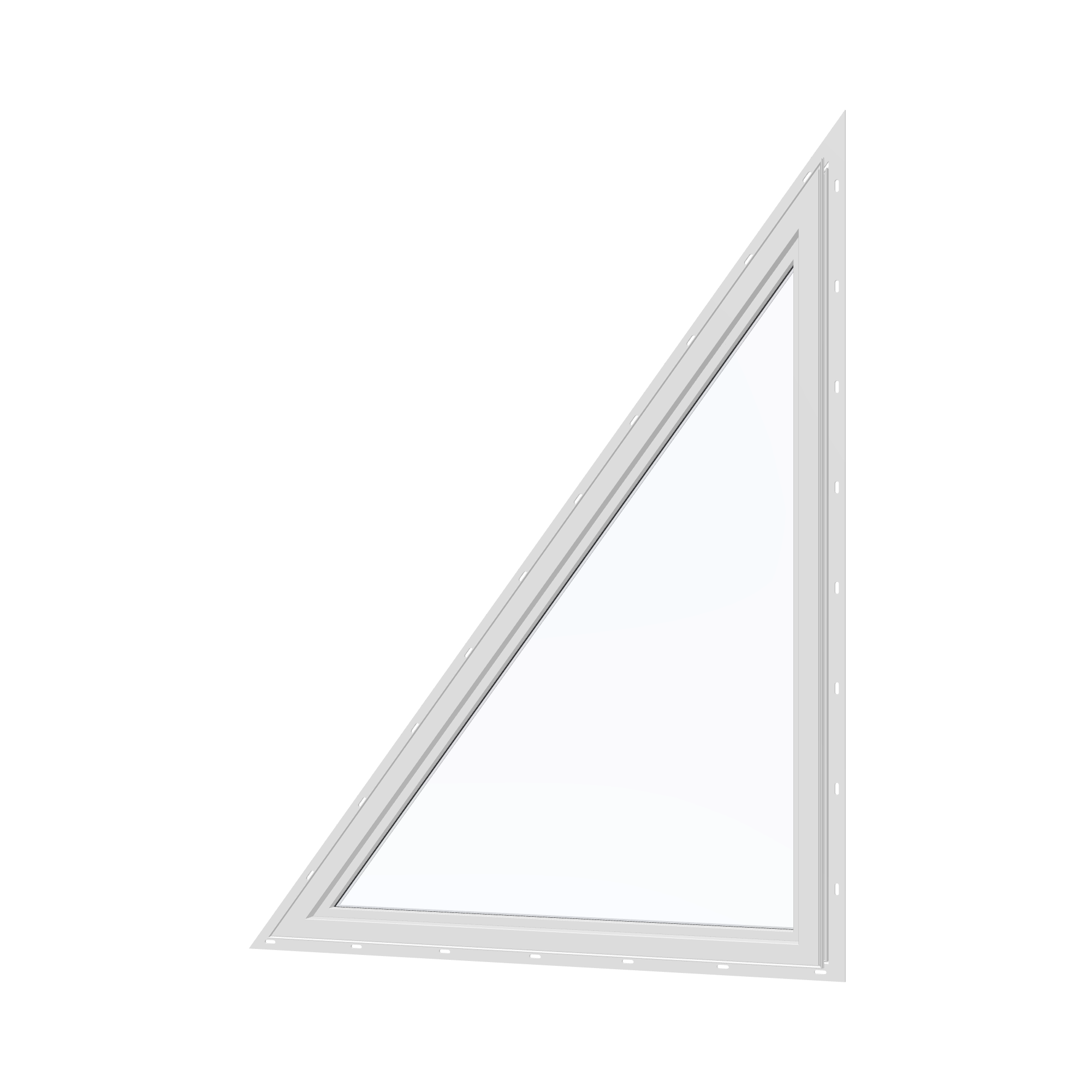 Angled interior view of the 36 × 48 inch rake head (right), white exterior / white interior, with nailing flange