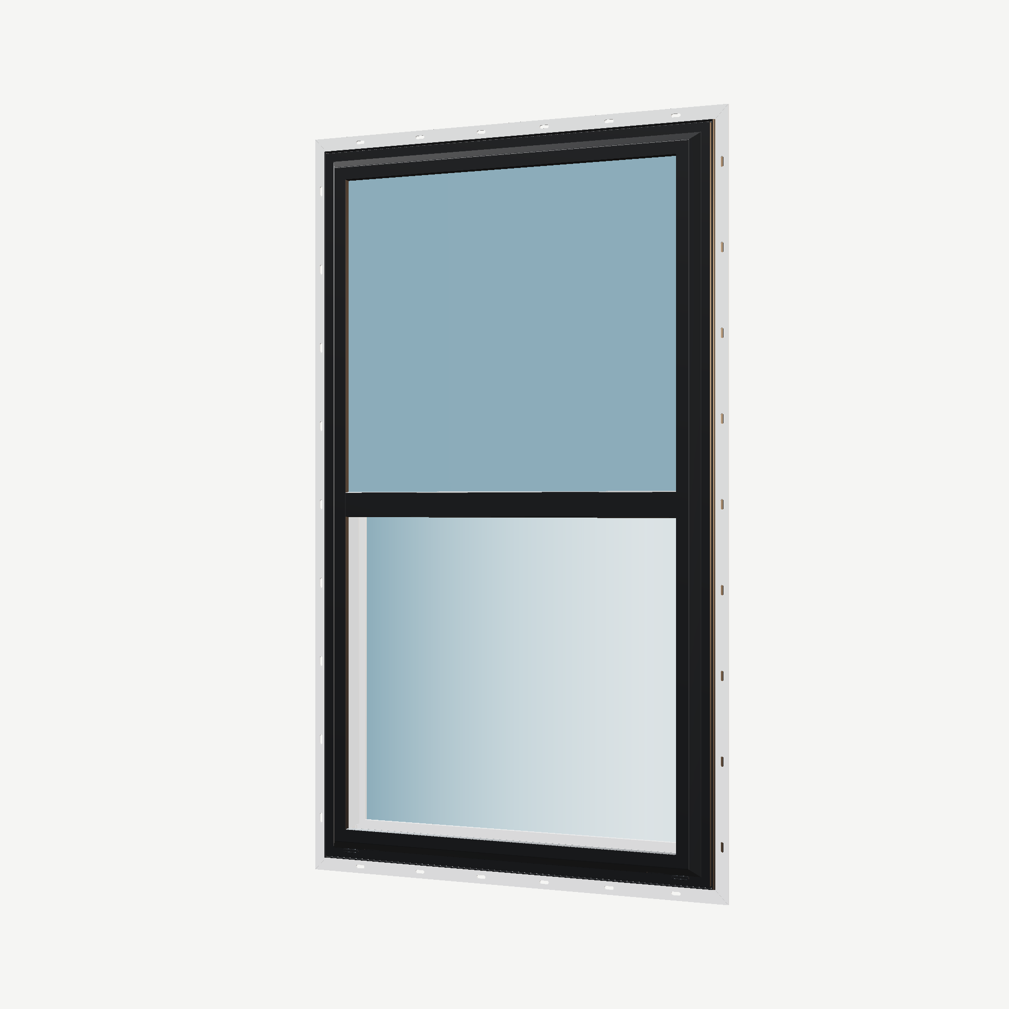 Angled exterior view of the 32 × 54 inch single hung, black exterior / white interior, with nailing flange