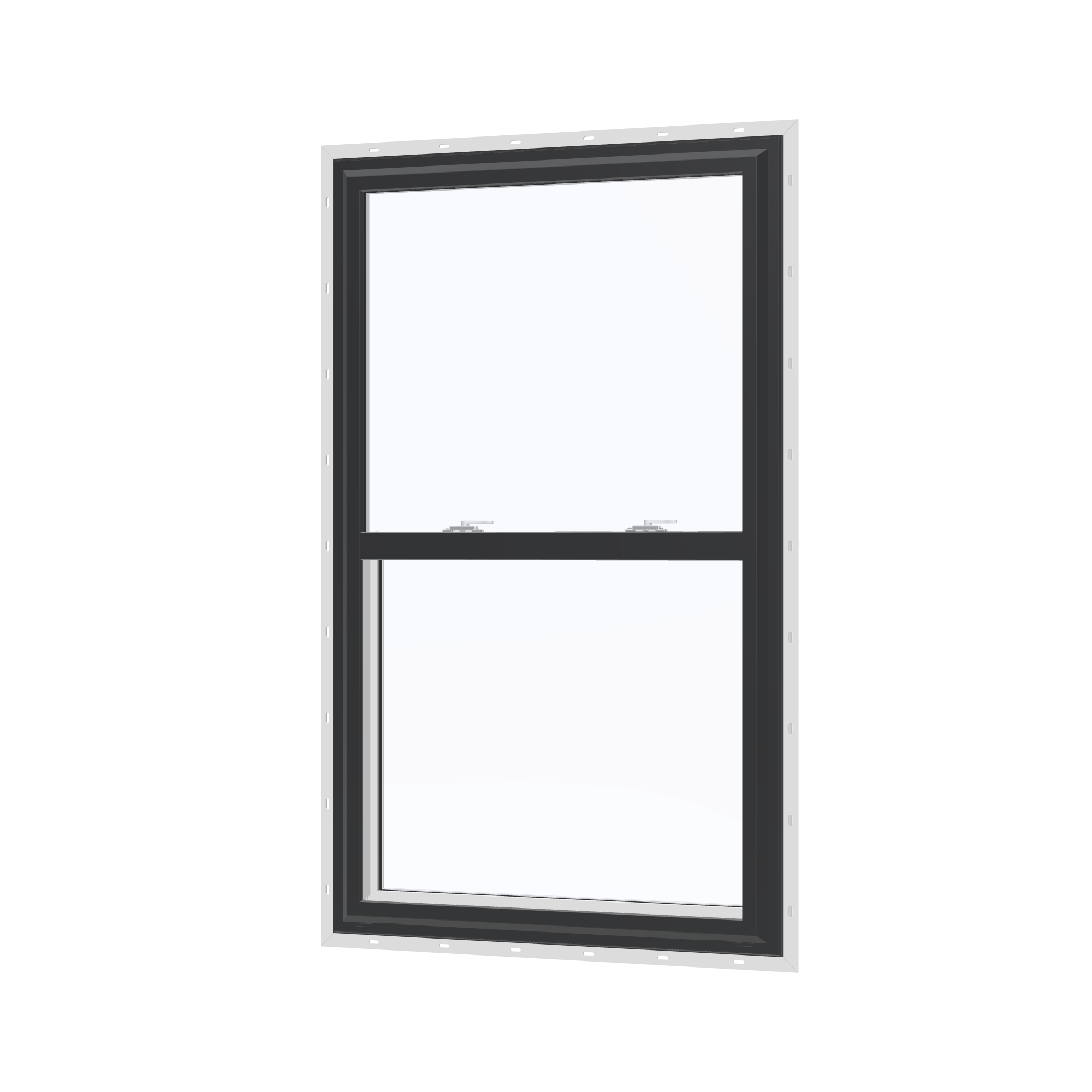 Angled exterior view of the 32 × 54 inch single hung, black exterior / white interior, with nailing flange