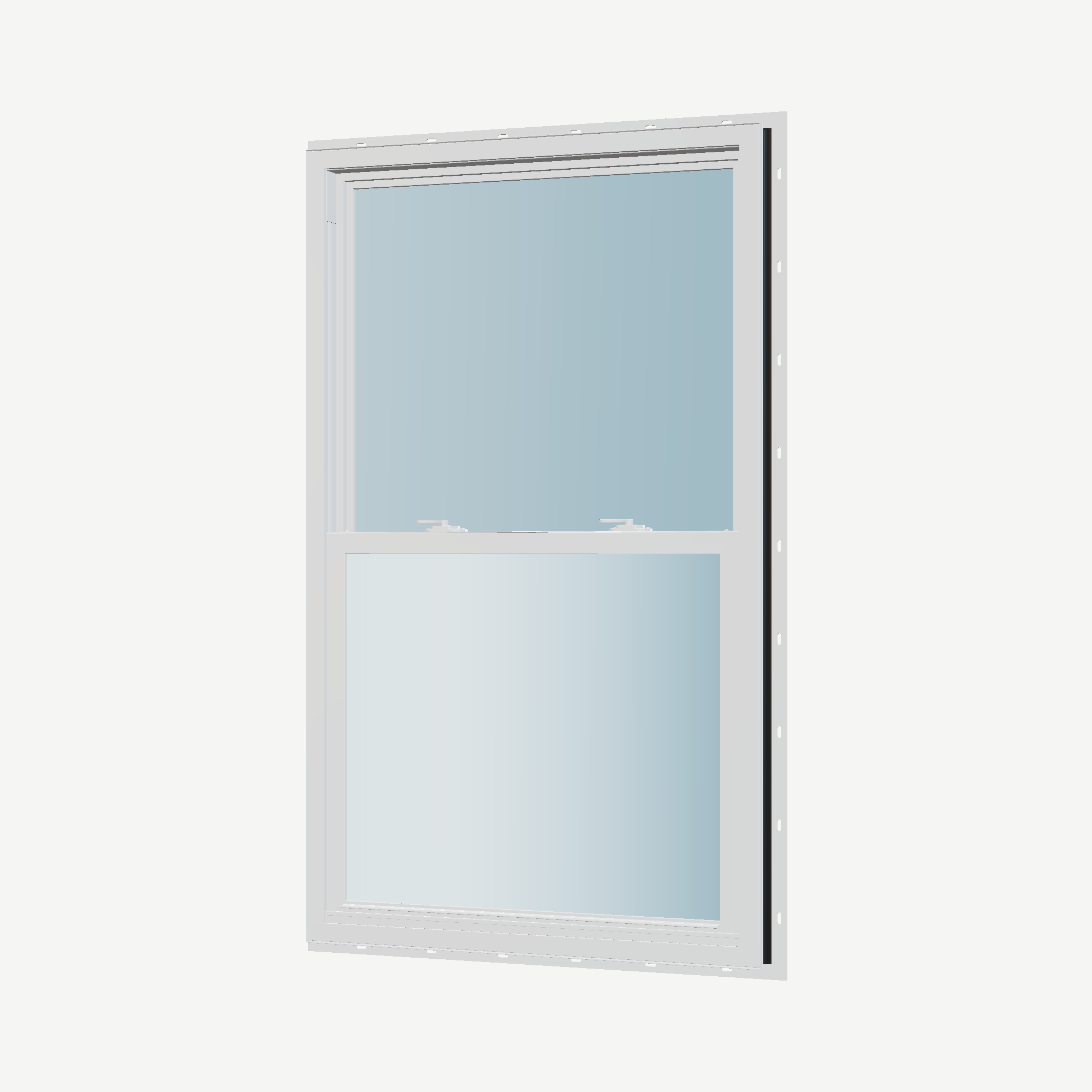 Angled interior view of the 32 × 54 inch single hung, black exterior / white interior, with nailing flange