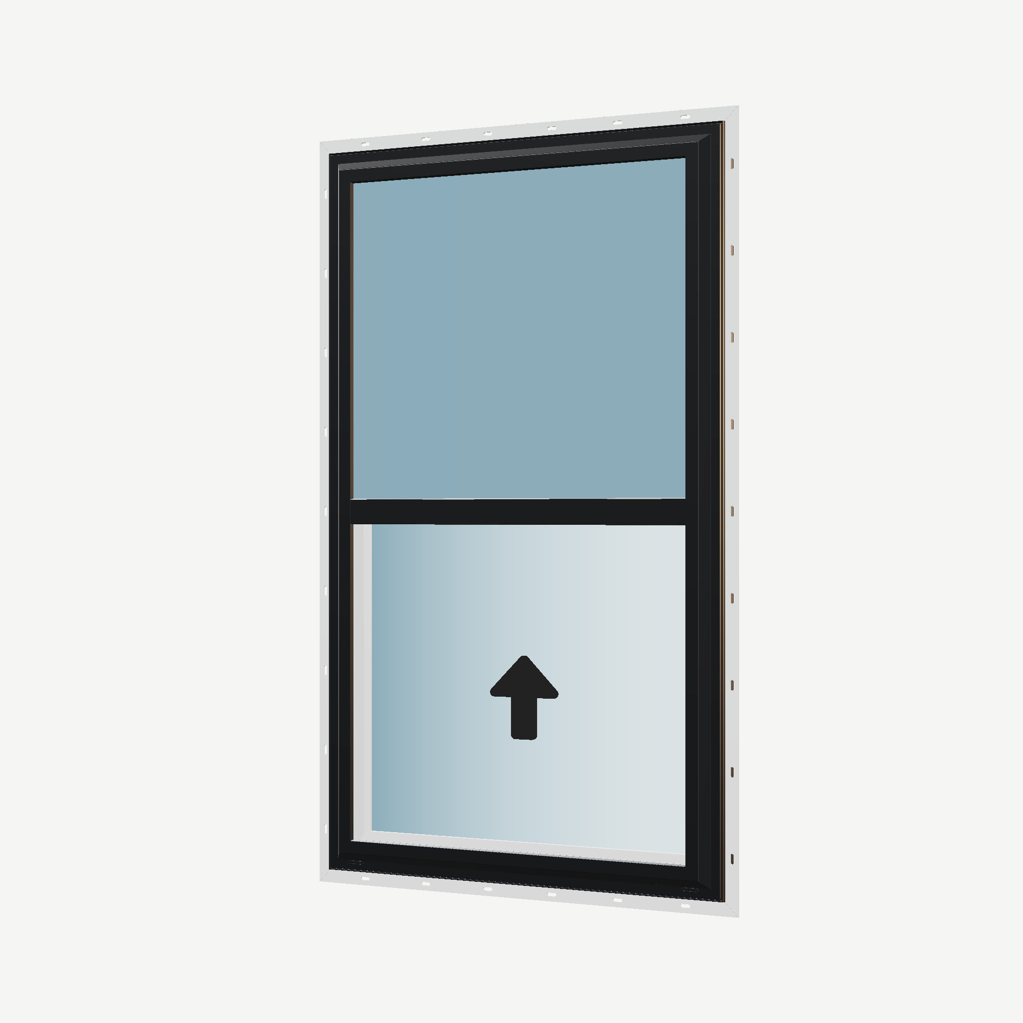 Angled exterior view with opening symbols of the 32 × 54 inch single hung, black exterior / white interior, with nailing flange