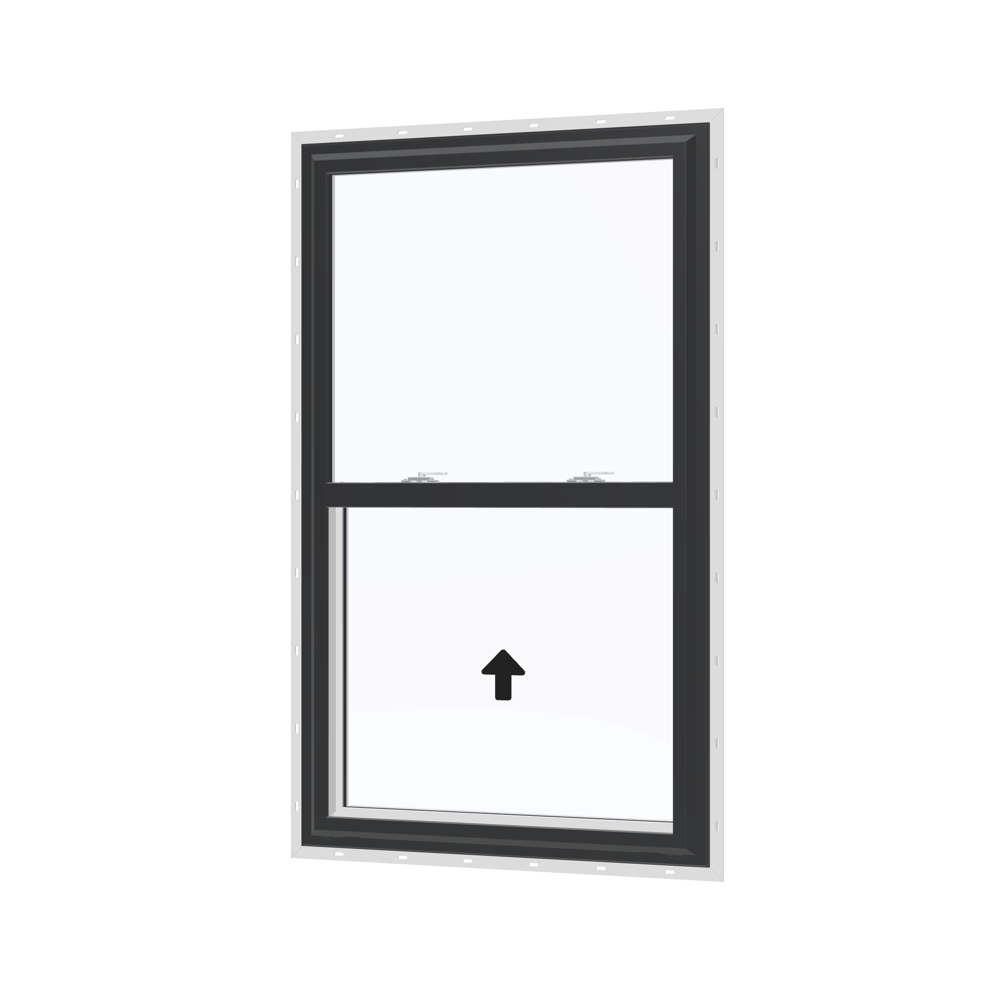 Angled exterior view with opening symbols of the 32 × 54 inch single hung, black exterior / white interior, with nailing flange