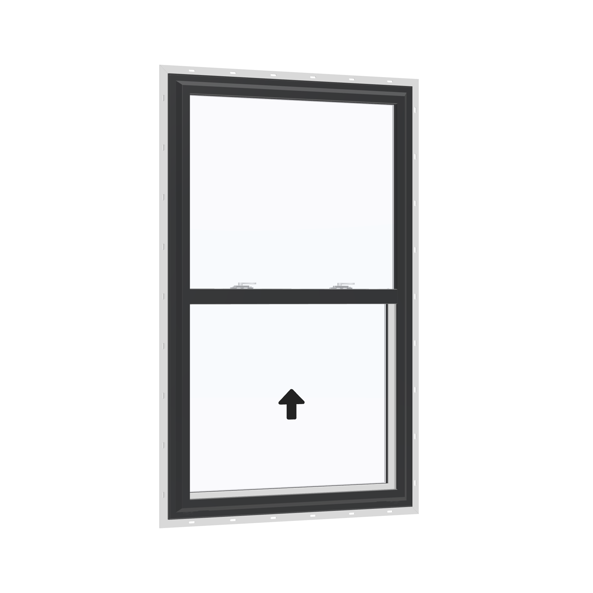 Opposite exterior angle of the 32 × 54 inch single hung, black exterior / white interior, with nailing flange
