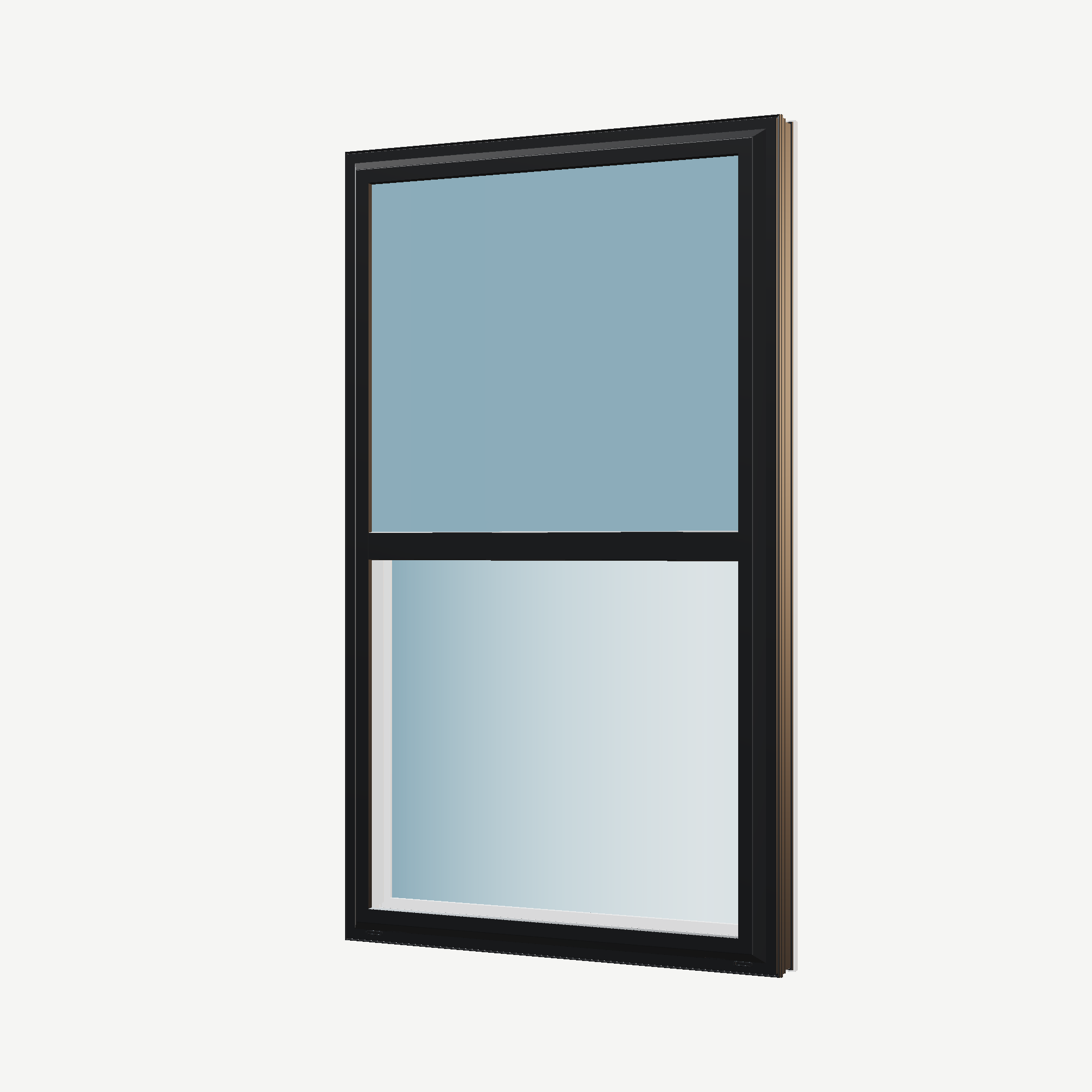 Angled exterior view of the 32 × 54 inch single hung, black exterior / white interior, without nailing flange