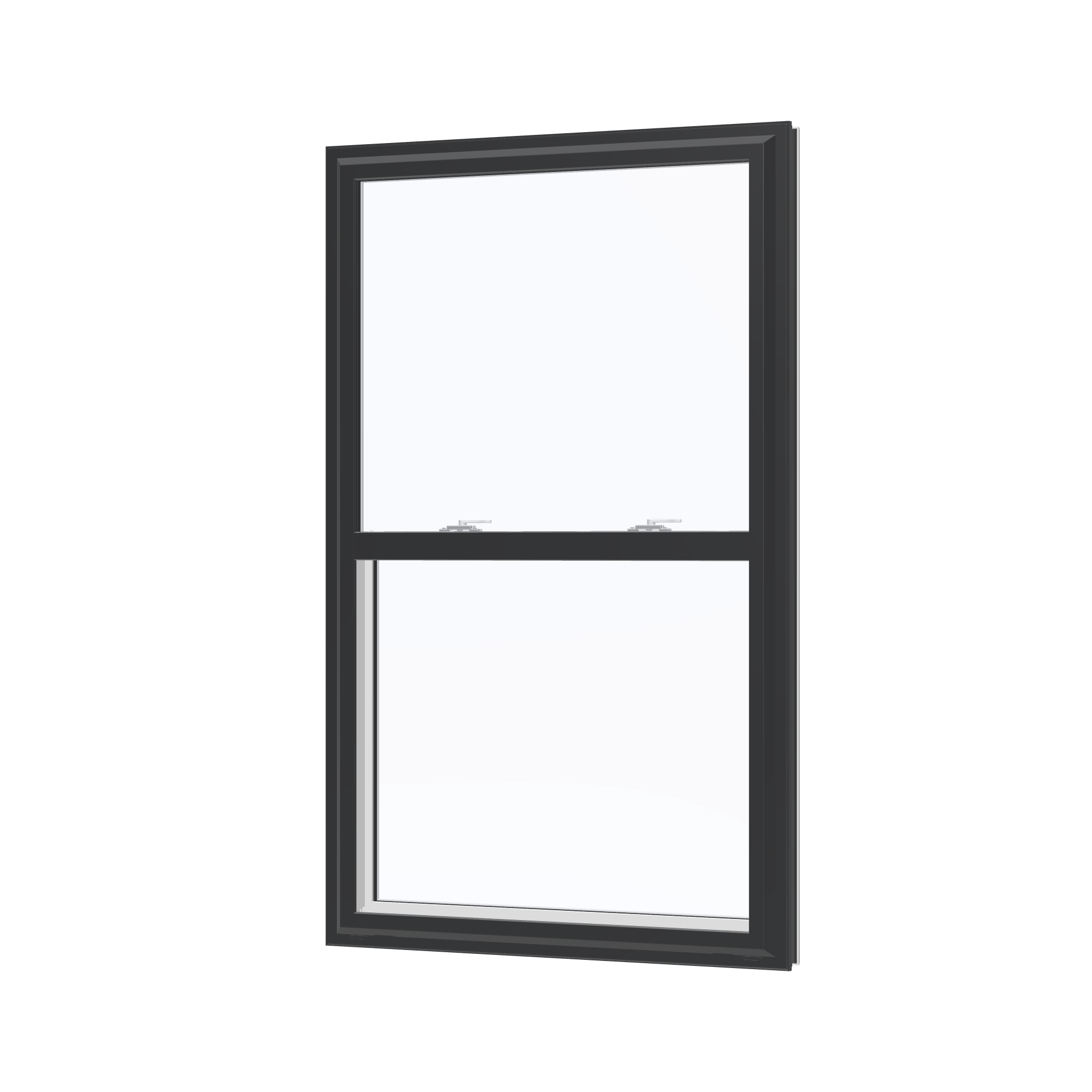 Angled exterior view of the 32 × 54 inch single hung, black exterior / white interior, without nailing flange
