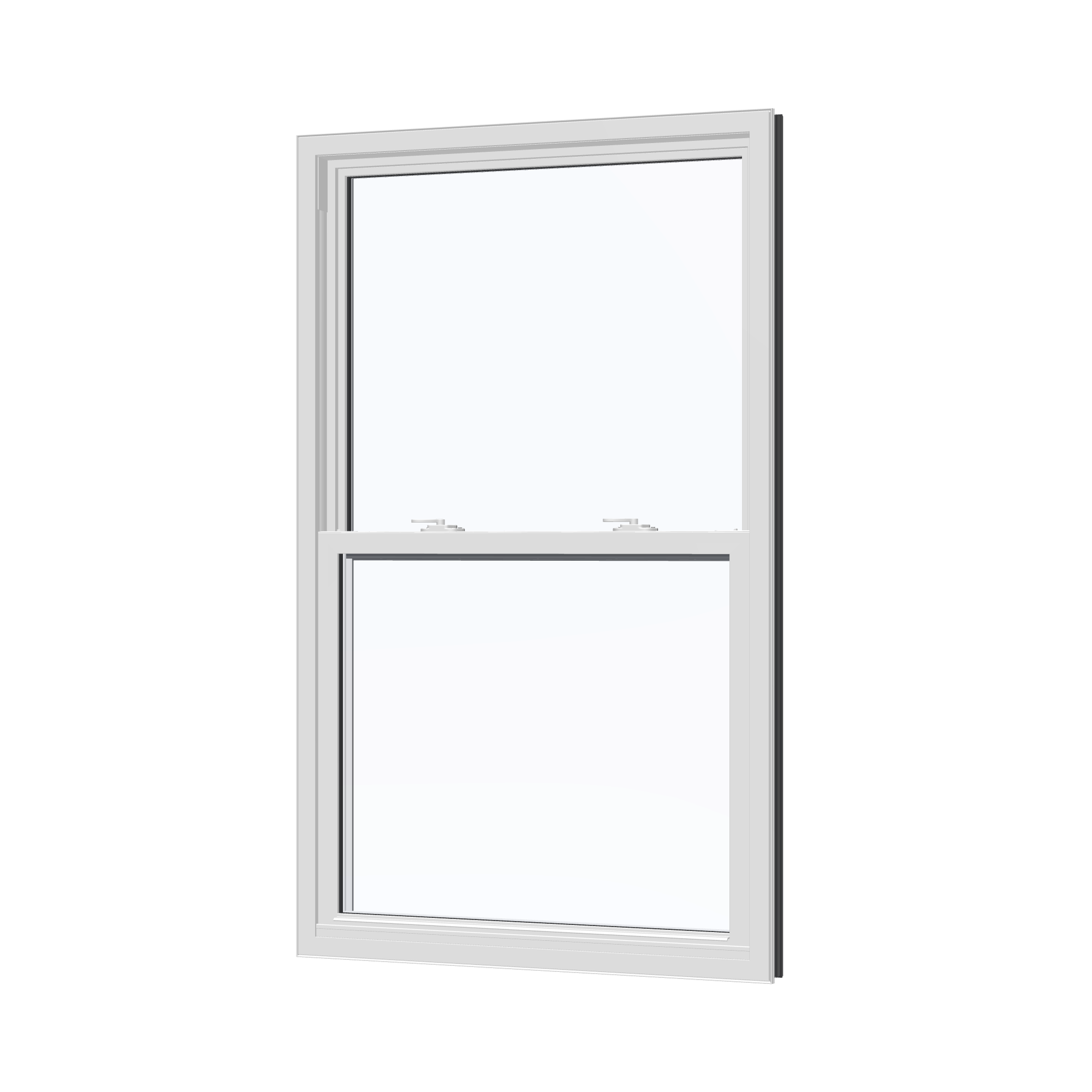 Angled interior view of the 32 × 54 inch single hung, black exterior / white interior, without nailing flange