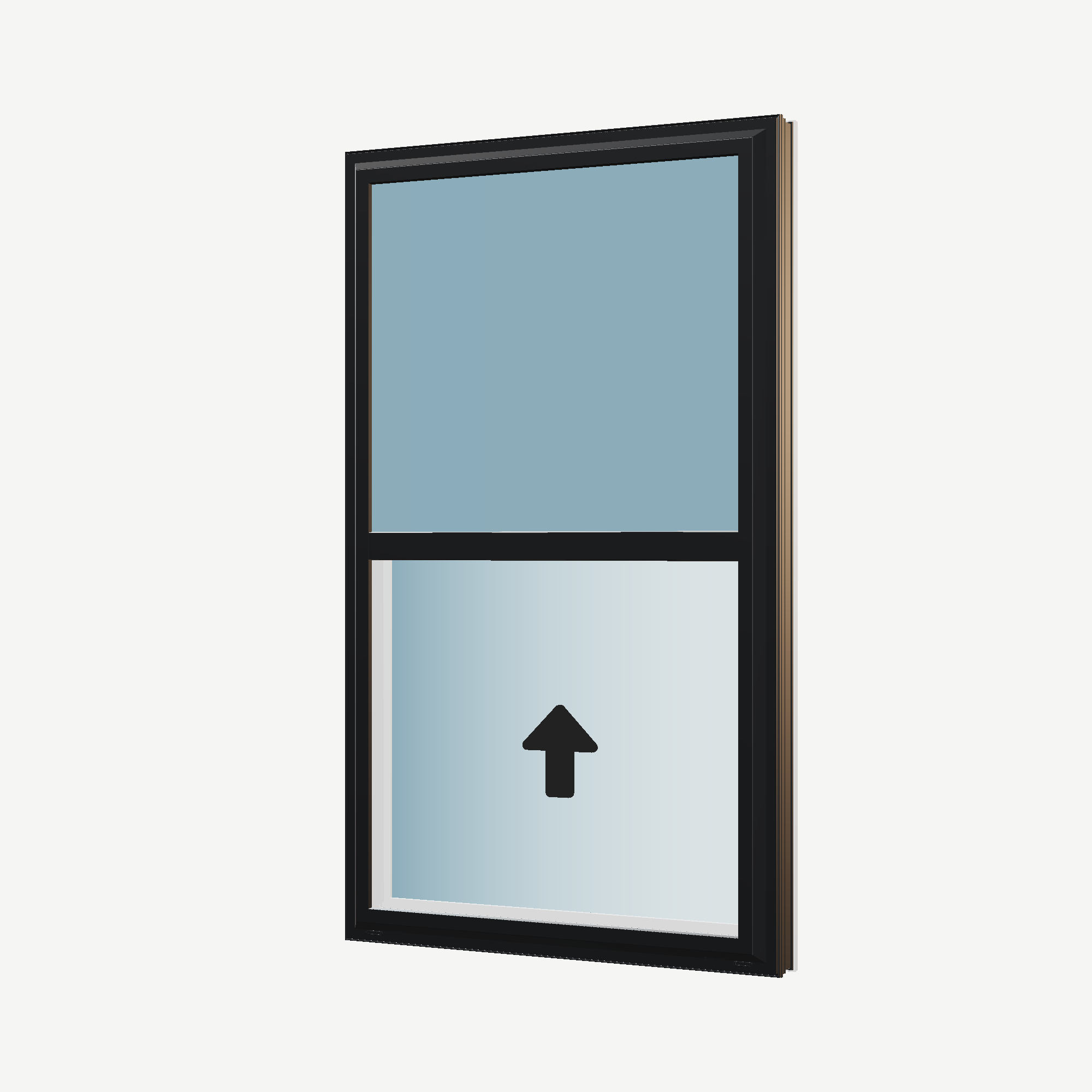 Angled exterior view with opening symbols of the 32 × 54 inch single hung, black exterior / white interior, without nailing flange