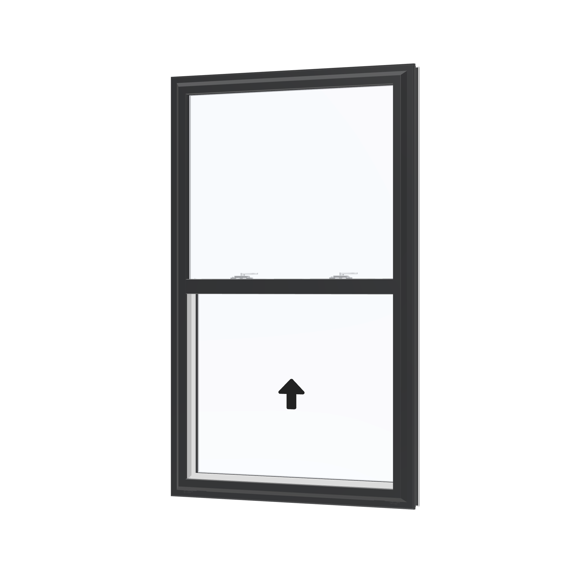 Angled exterior view with opening symbols of the 32 × 54 inch single hung, black exterior / white interior, without nailing flange